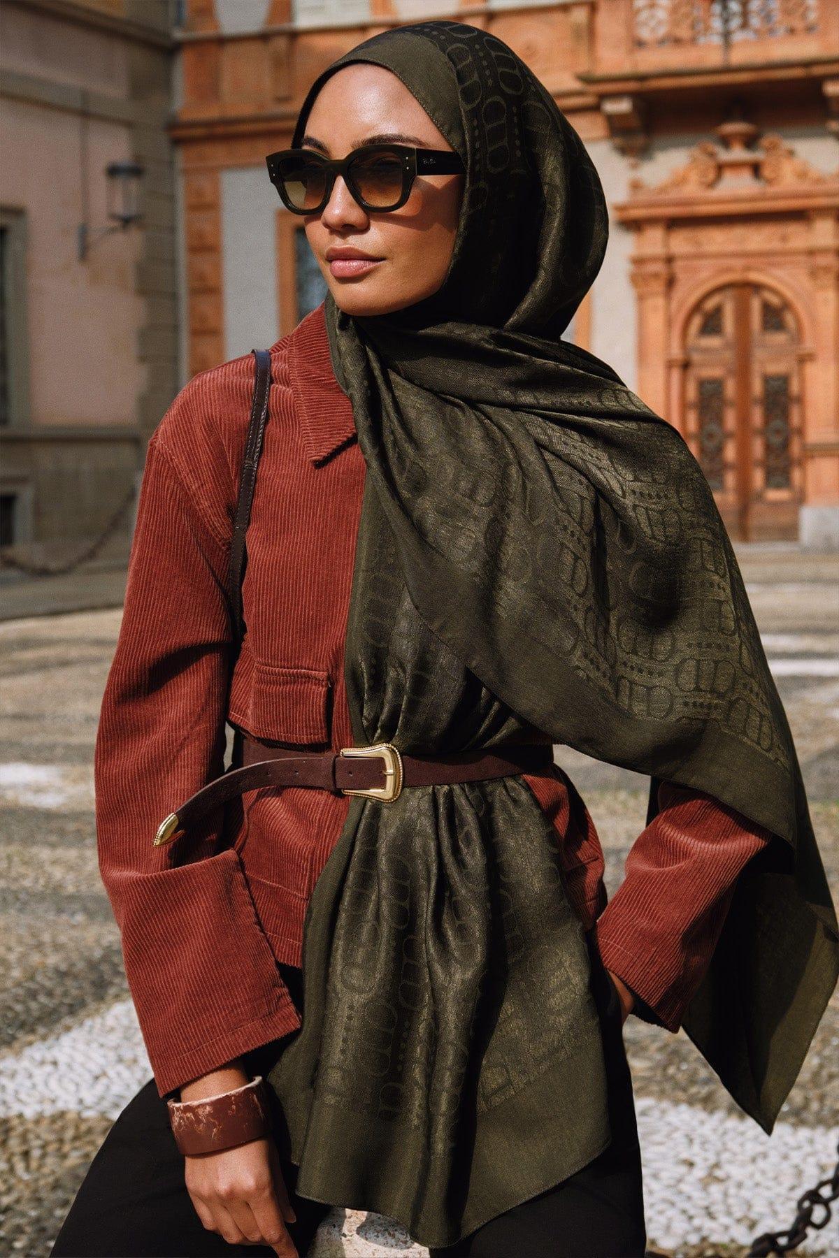 Layered Scarf Shirring Top (Gray) 韓国 Luxe Pattern Liora Cotton Scarf Army Green - Carell Hijab