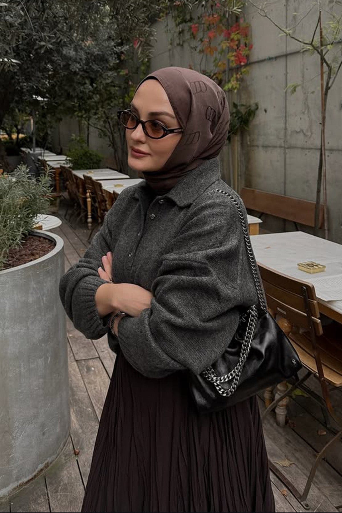 Aleyna Atalar's Choice: Monogram Pattern Liora Cotton Scarf Milk Coffee