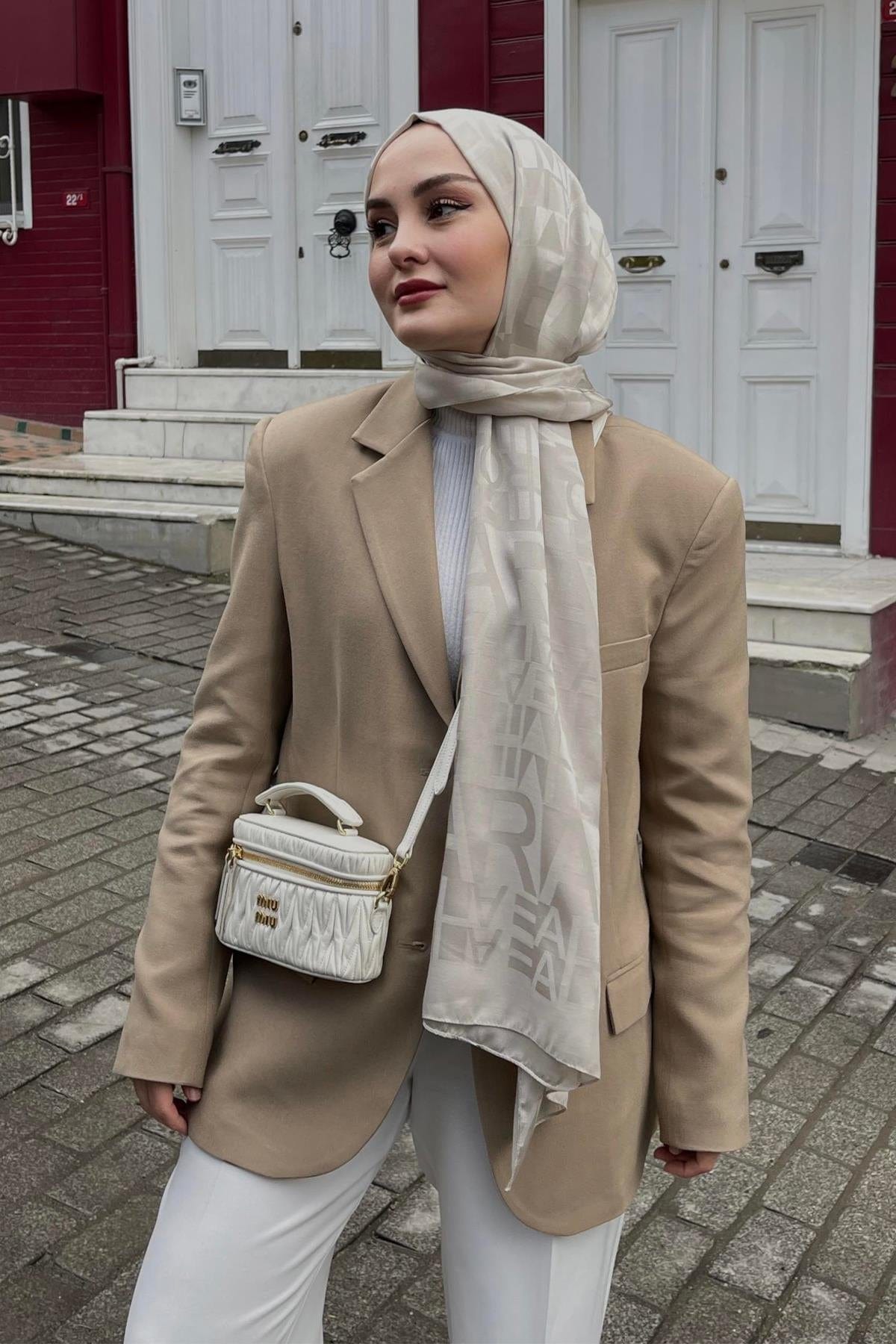 Aleyna's Choice: Script Pattern Jacquard Italian Silk Scarf Camel