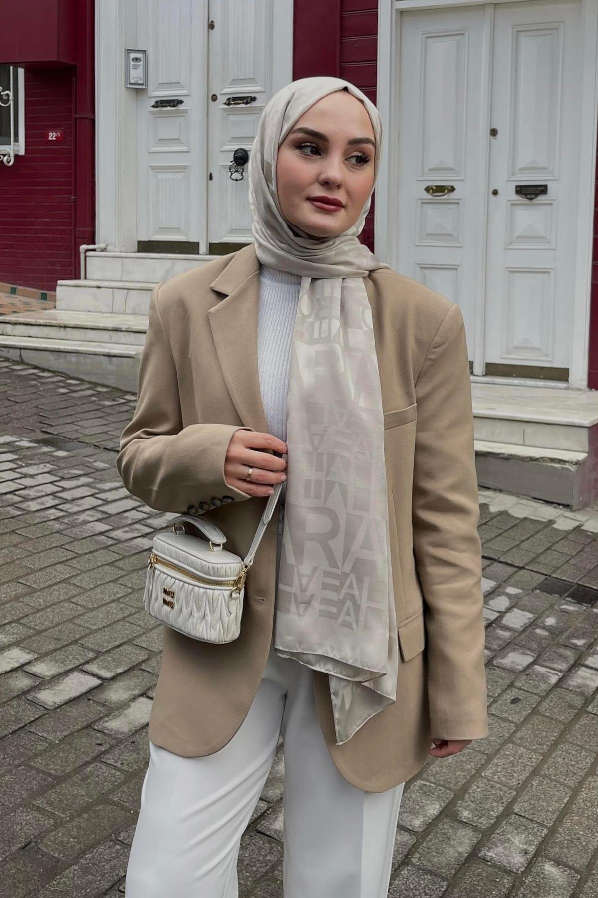 Aleyna's Choice: Script Pattern Jacquard Italian Silk Scarf Camel