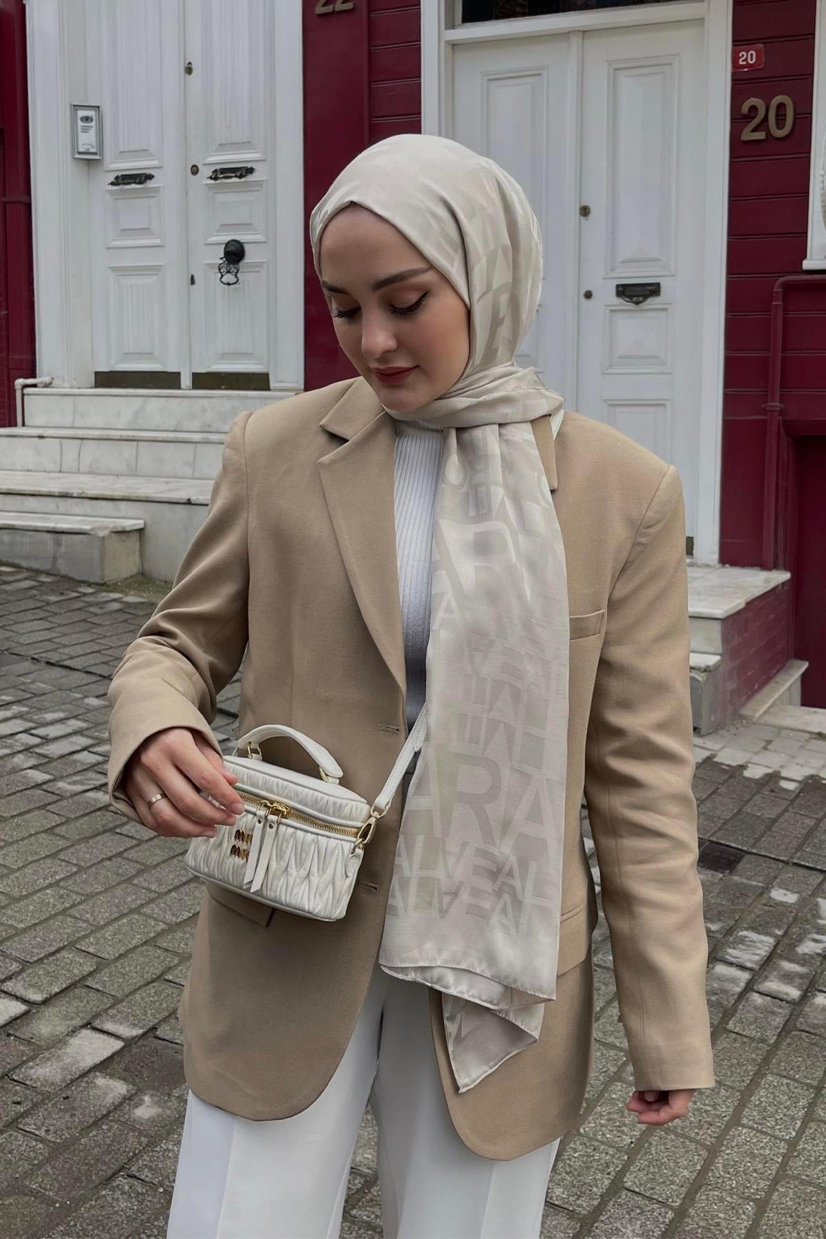 Aleyna's Choice: Script Pattern Jacquard Italian Silk Scarf Camel