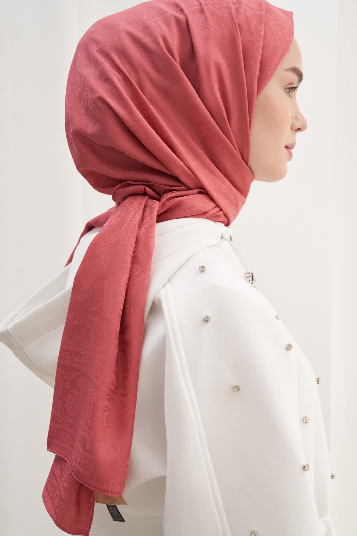 Antique Pattern Cotton-Silk Scarf Coral