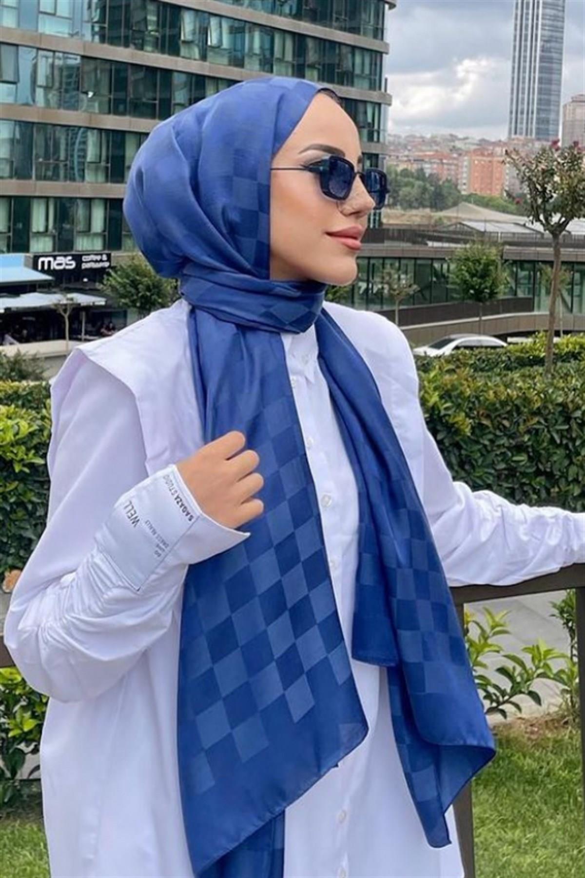 Betul Duman's Choice: Checkered Jacquard Italian Silk Scarf Indigo