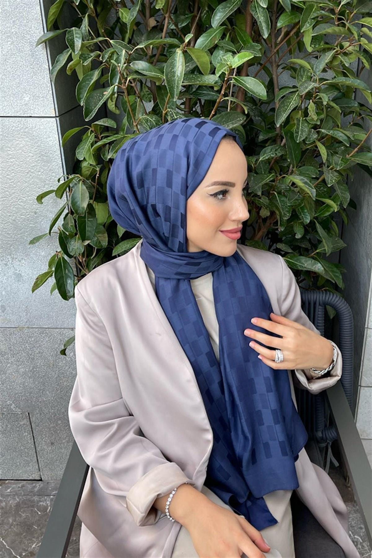 Betul Duman's Choice: Pinstripe Jacquard Italian Silk Scarf Deep Blue