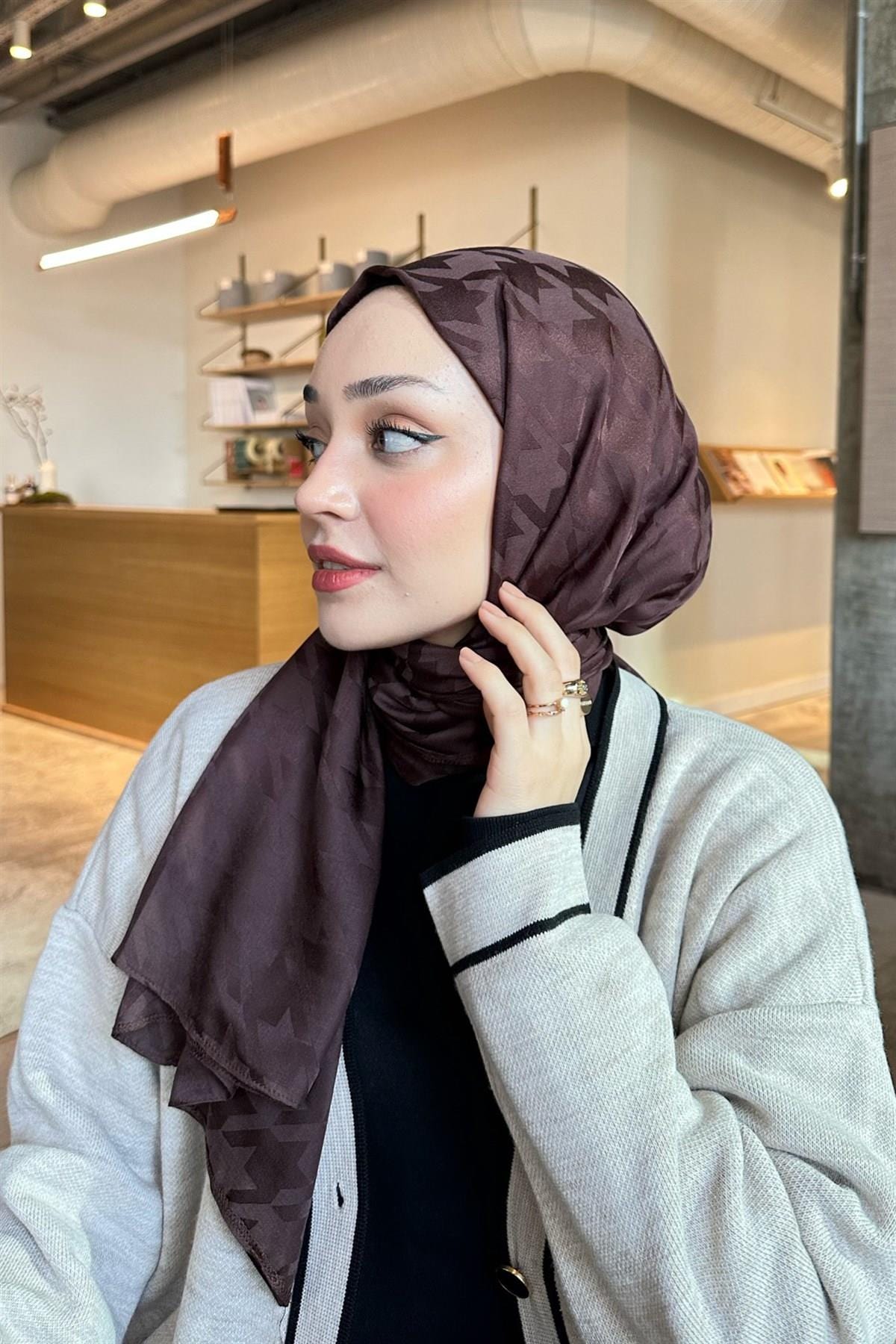 Bilge's Choice: Houndstooth Jacquard Italian Silk Scarf Dark Brown