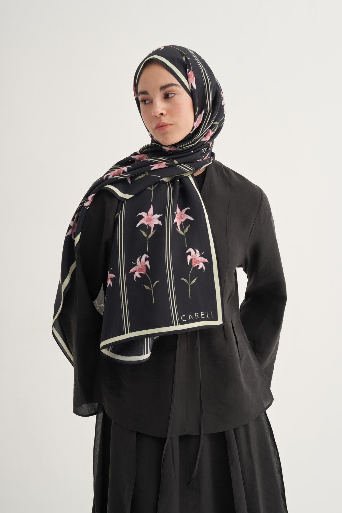 Blooming Flower Monogram Viscose Scarf Black