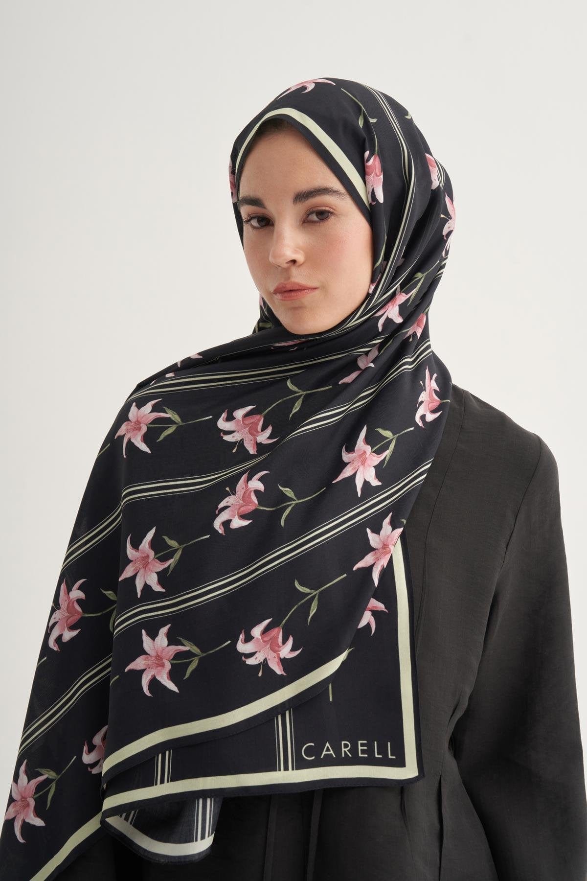 Blooming Flower Monogram Viscose Scarf Black