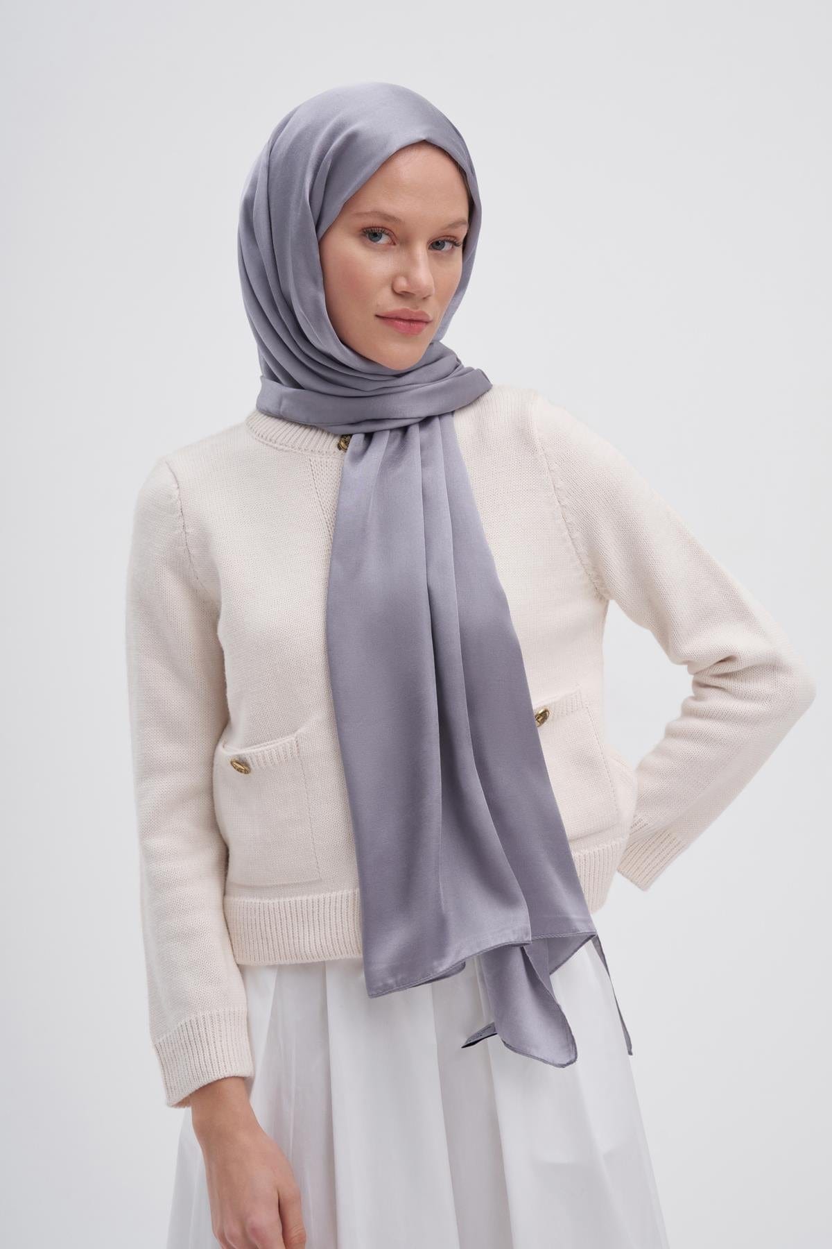 Chantouk Reversible Silk Scarf Silver Gray