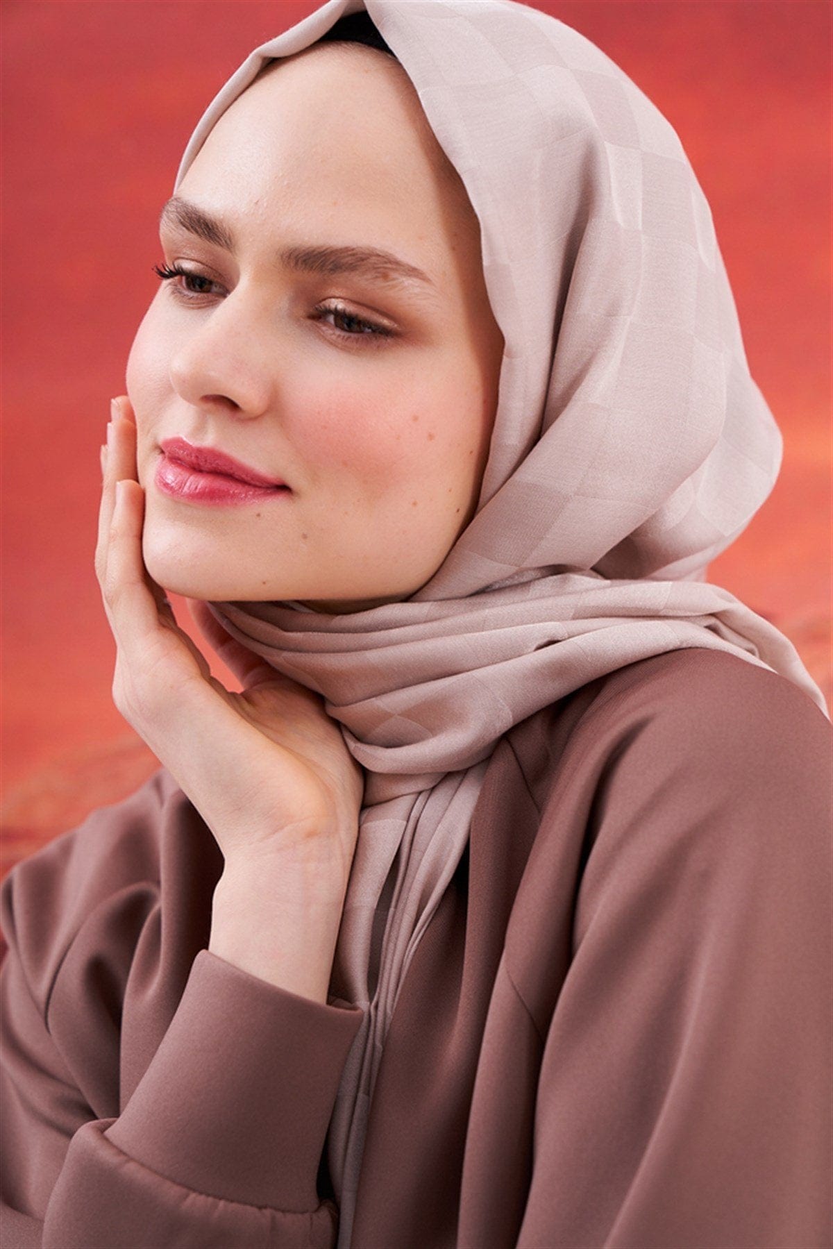 Checkered Jacquard Italian Silk Scarf Camel