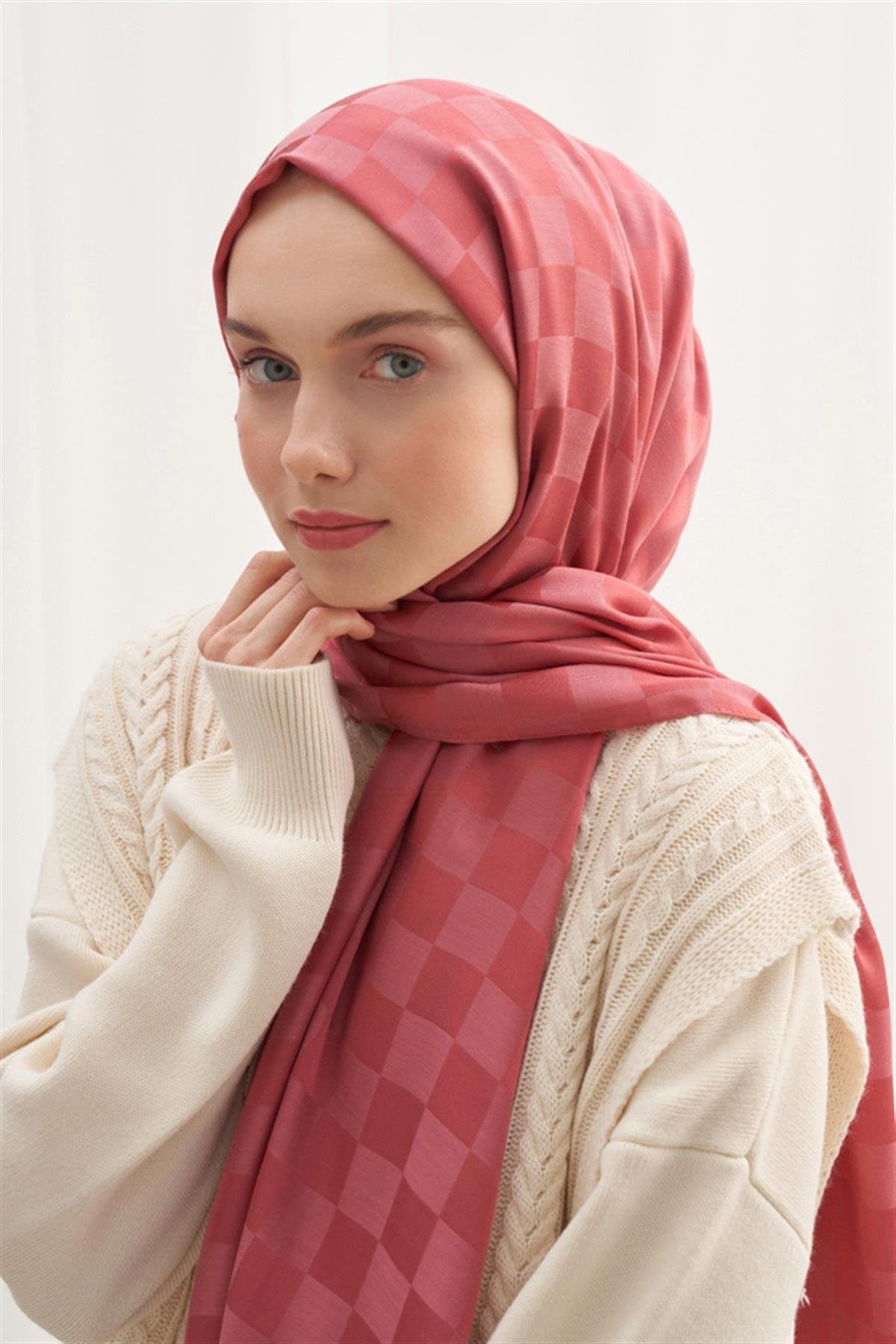 Checkered Jacquard Italian Silk Scarf Coral