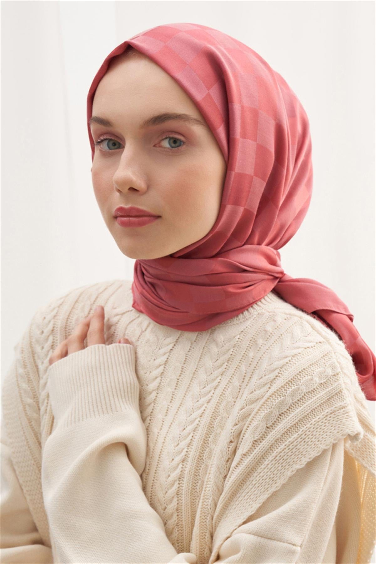 Checkered Jacquard Italian Silk Scarf Coral