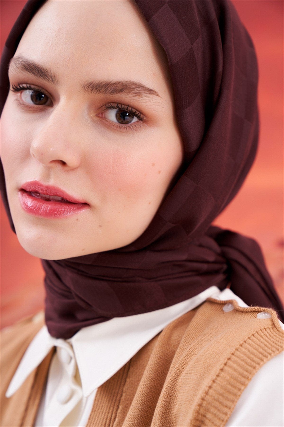 Checkered Jacquard Italian Silk Scarf Dark Brown