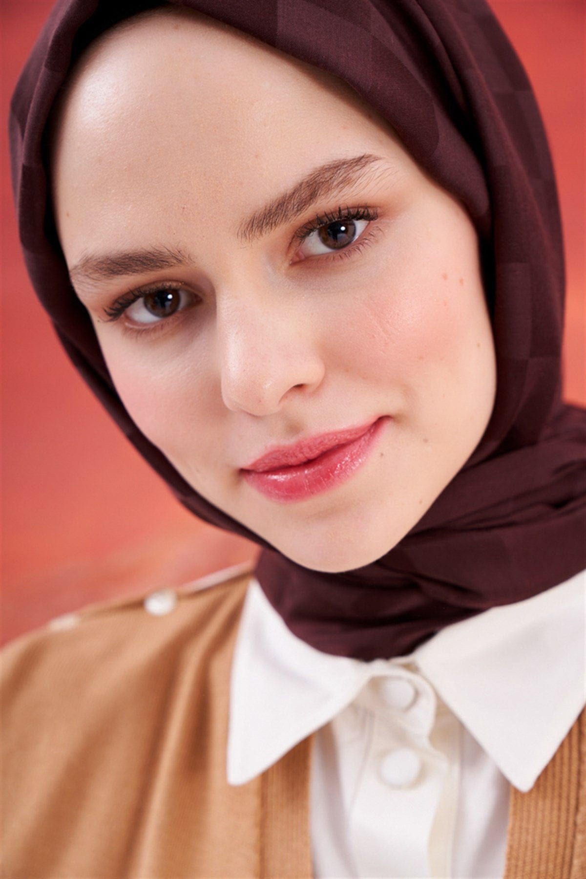 Checkered Jacquard Italian Silk Scarf Dark Brown
