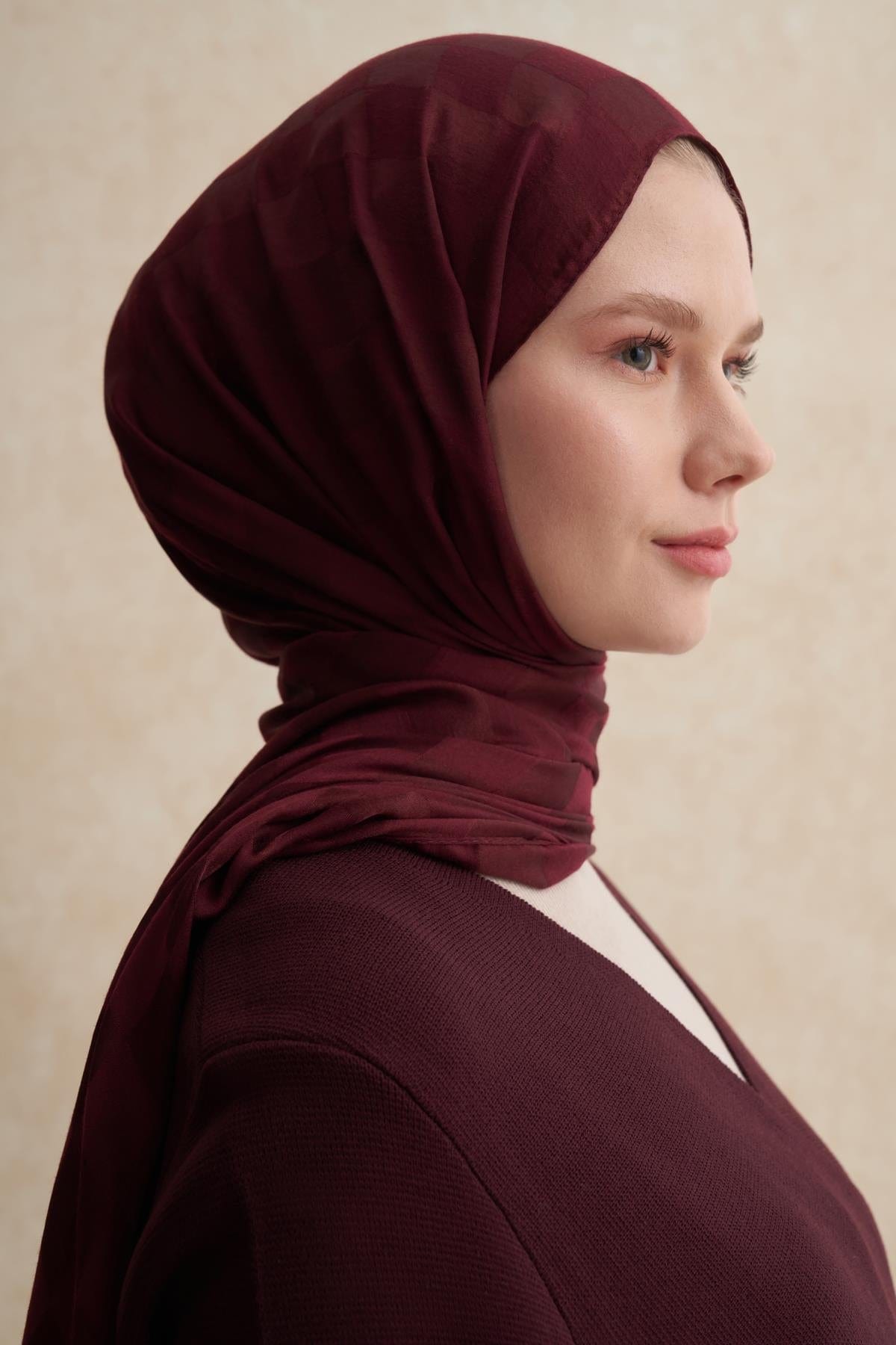 Checkered Jacquard Italian Silk Scarf Dark Burgundy