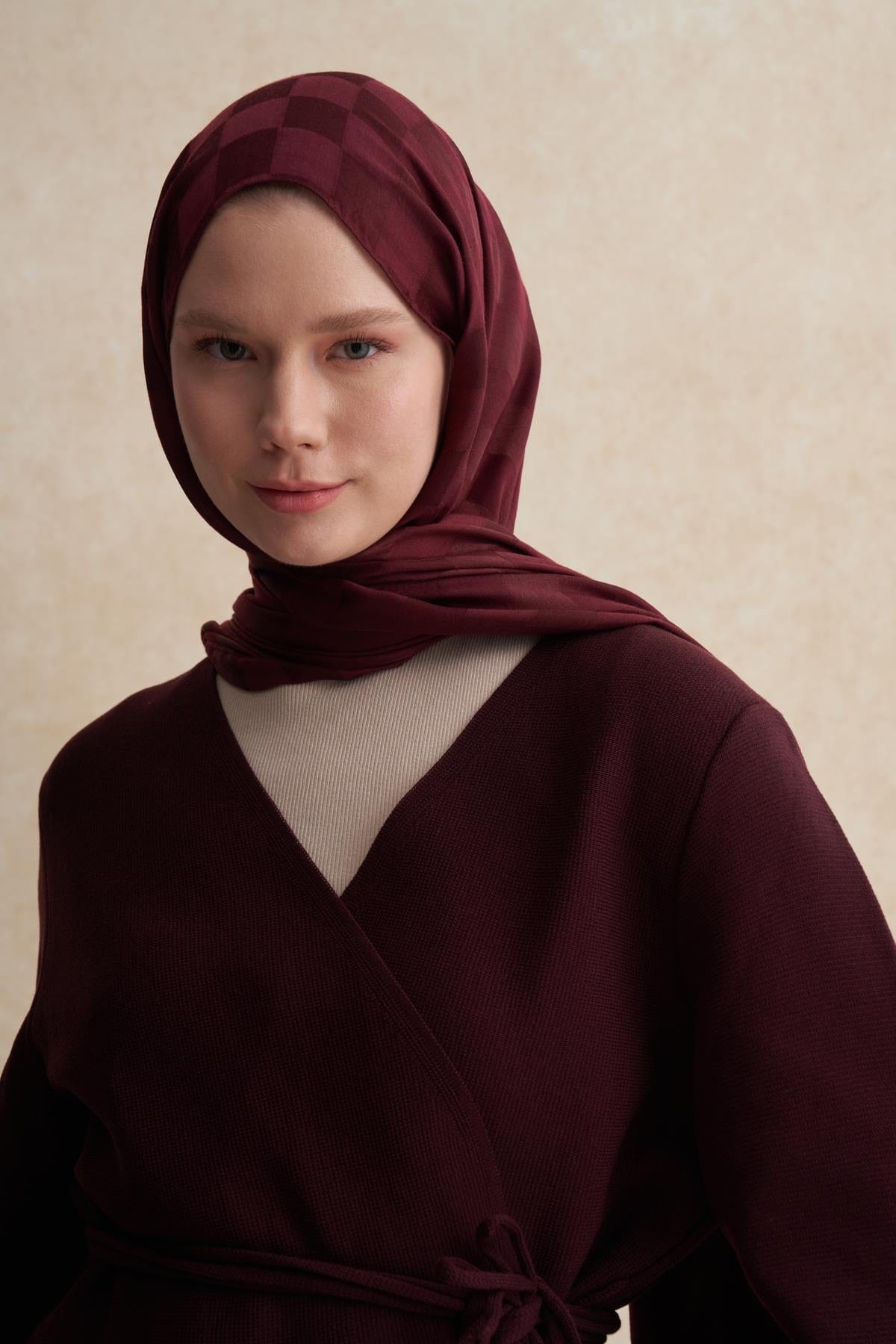 Checkered Jacquard Italian Silk Scarf Dark Burgundy