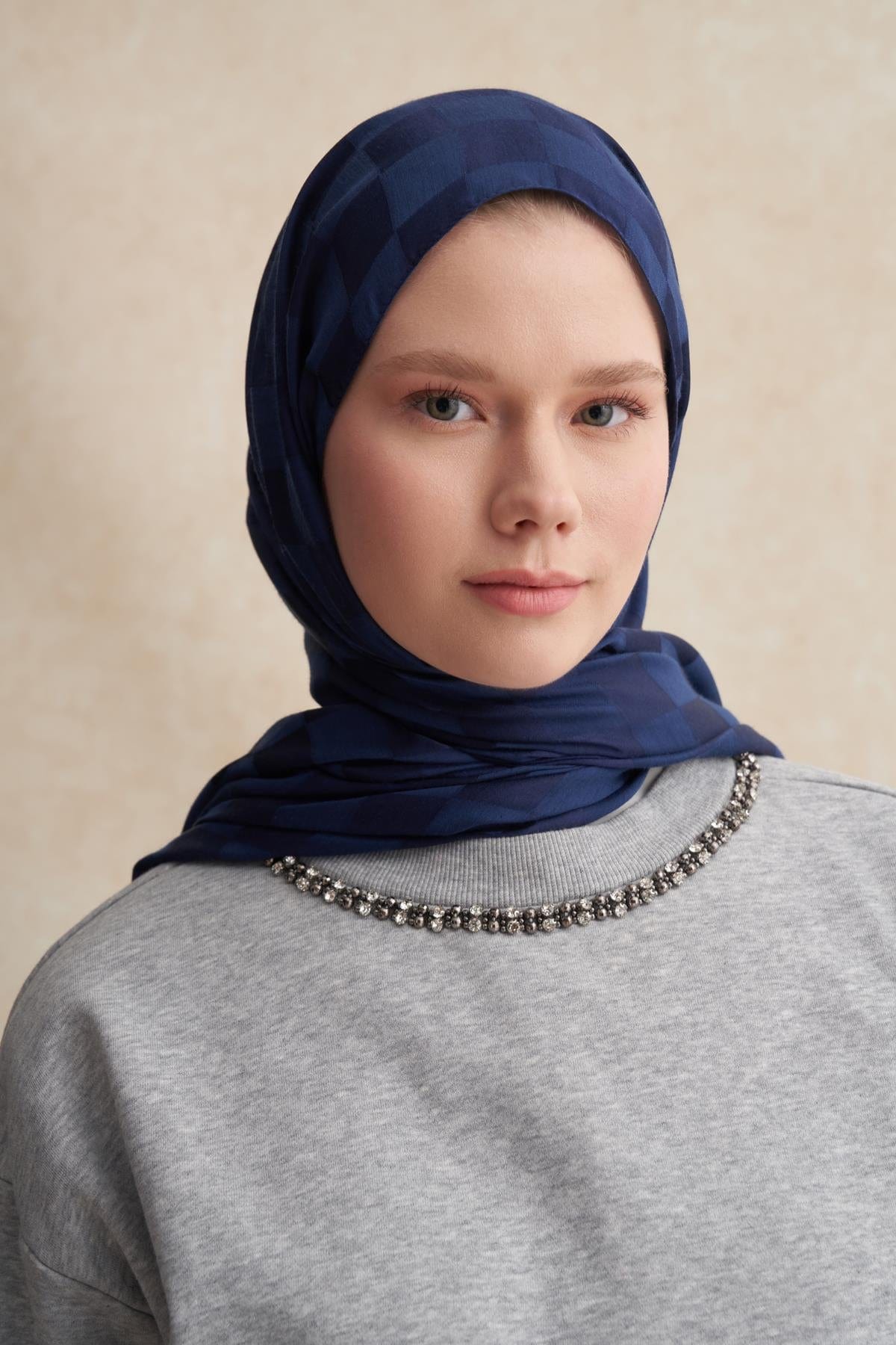 Checkered Jacquard Italian Silk Scarf Dark Navy