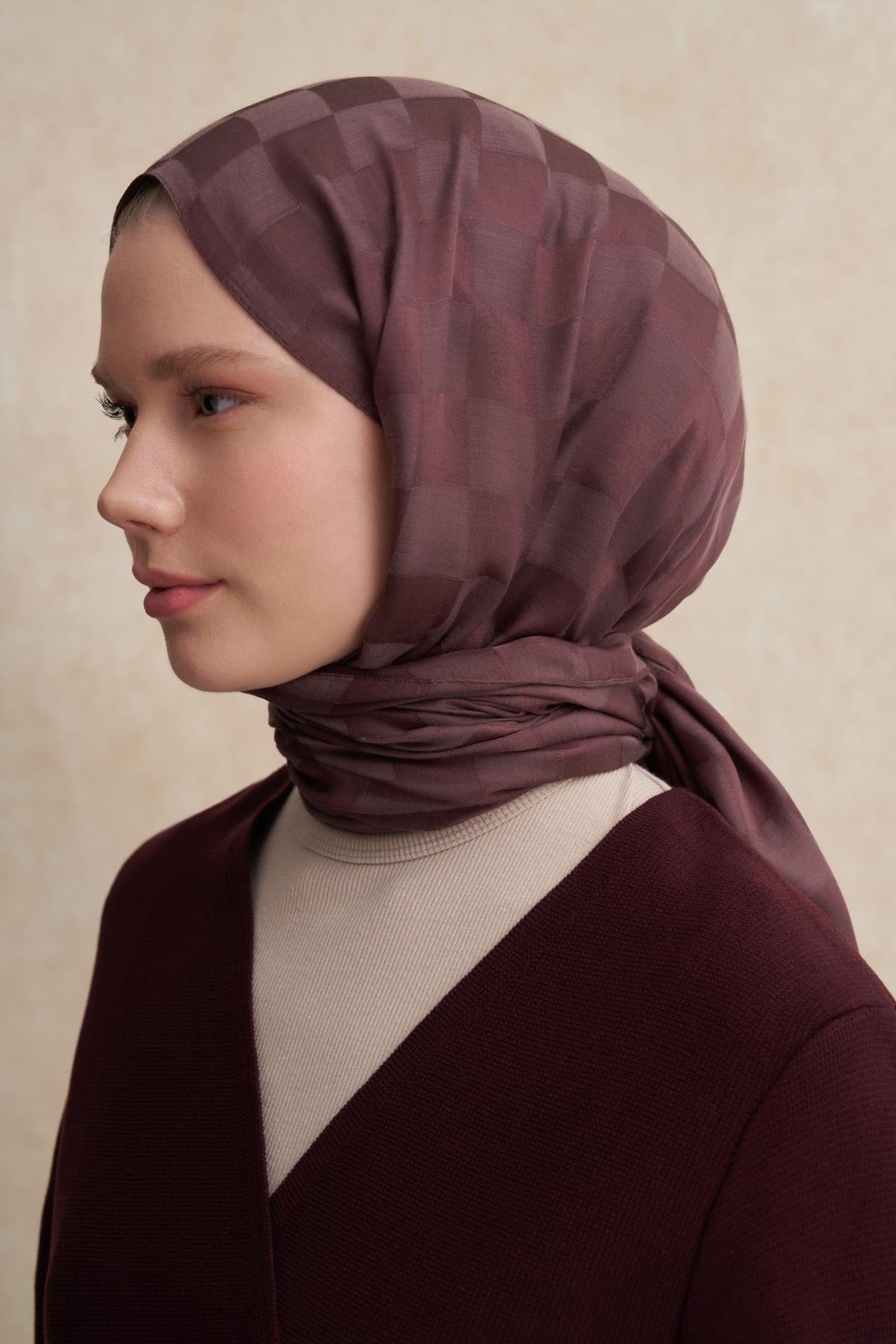 Checkered Jacquard Italian Silk Scarf Dark Rose