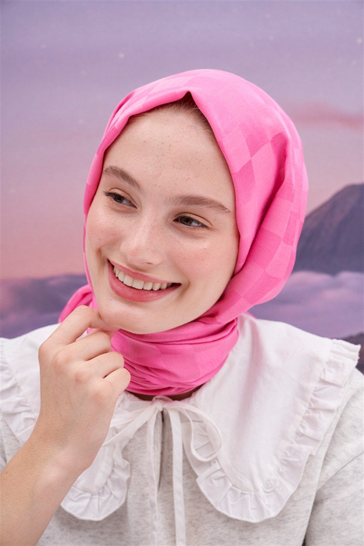 Checkered Jacquard Italian Silk Scarf Deep Pink