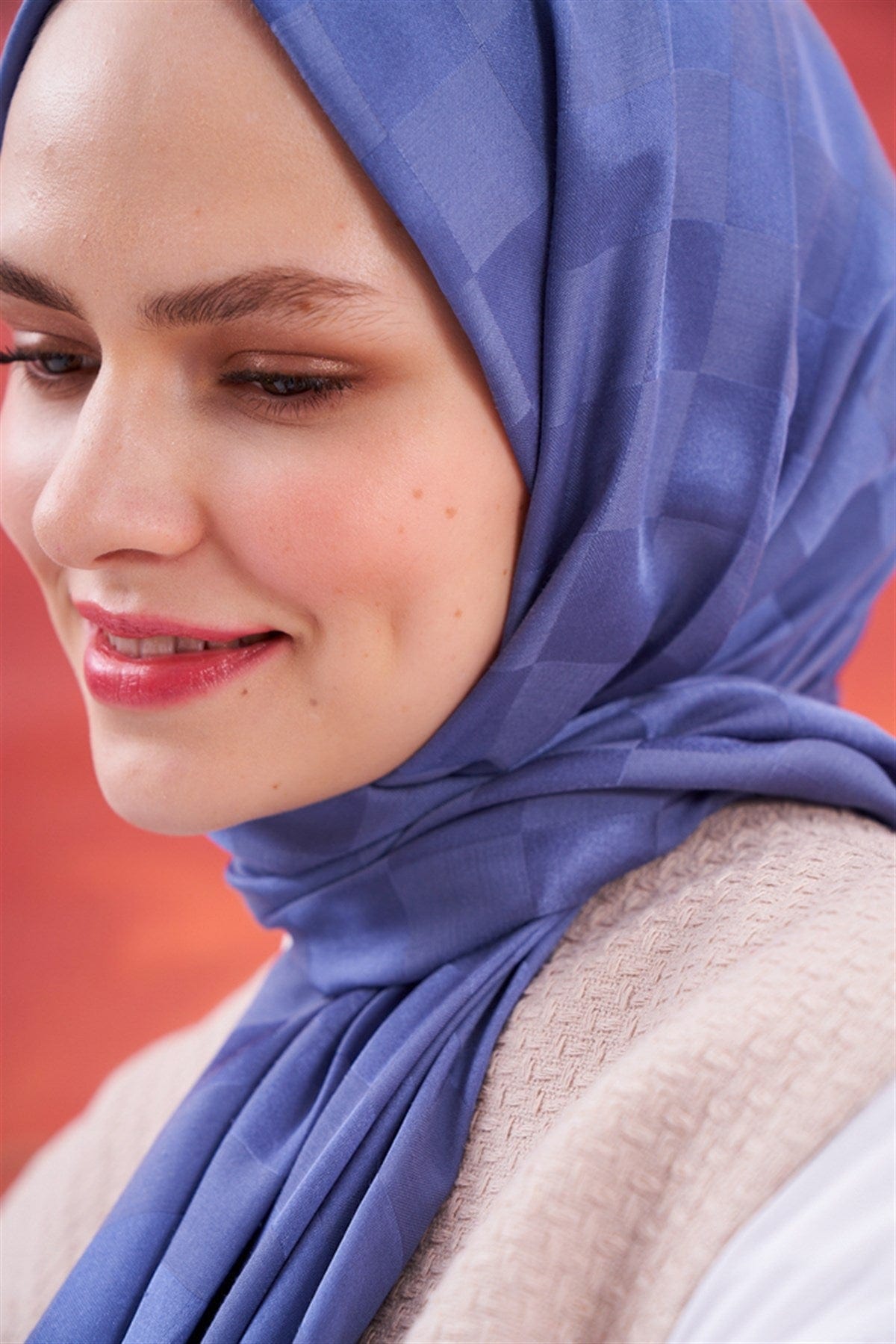 Checkered Jacquard Italian Silk Scarf Denim Blue