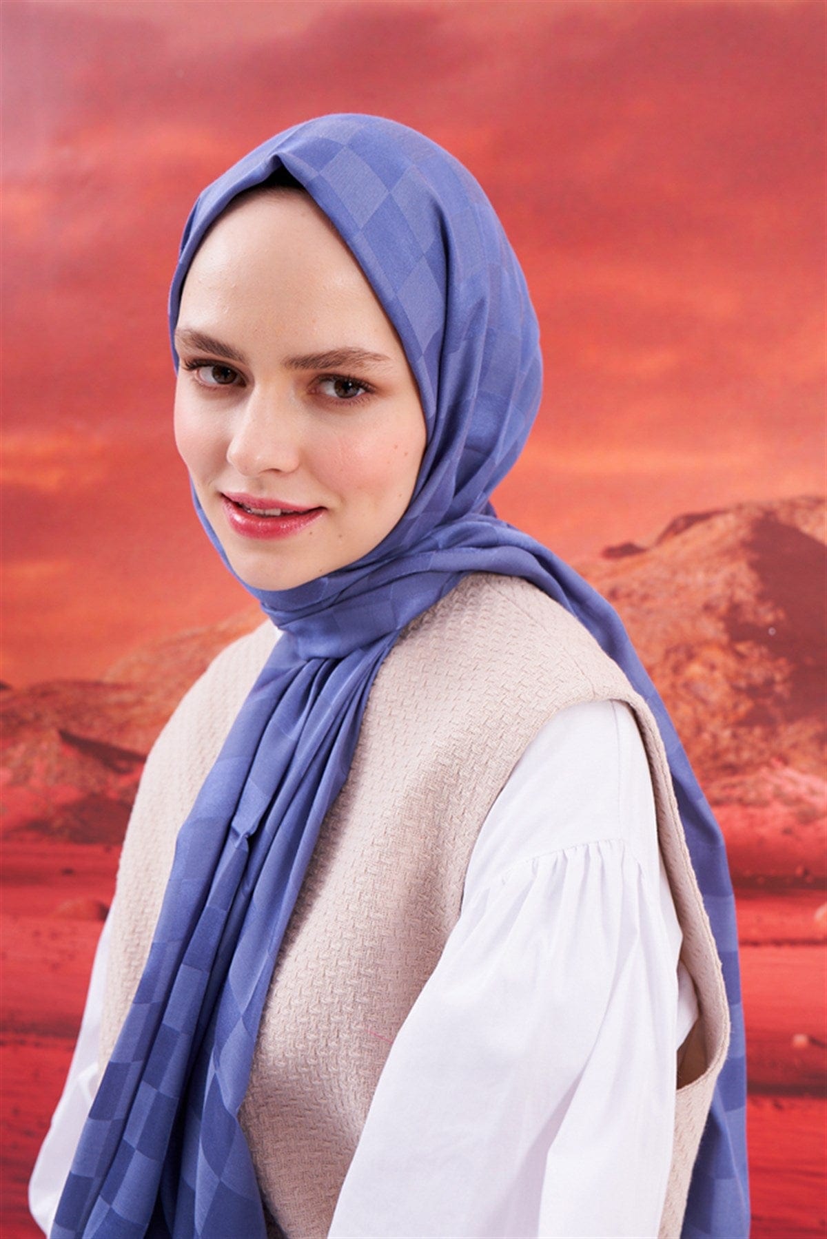 Checkered Jacquard Italian Silk Scarf Denim Blue