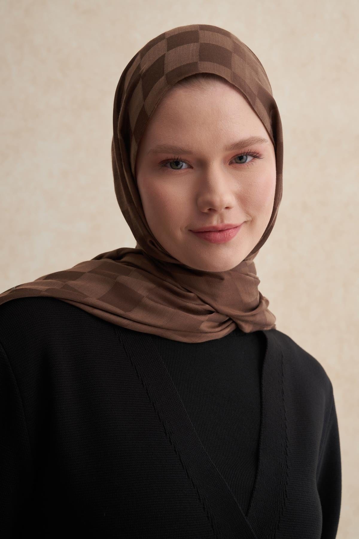 Checkered Jacquard Italian Silk Scarf Dusty Brown