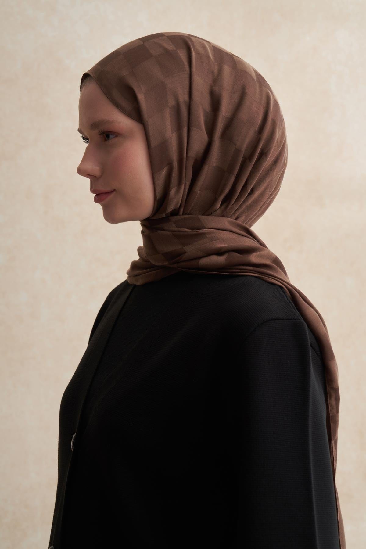 Checkered Jacquard Italian Silk Scarf Dusty Brown