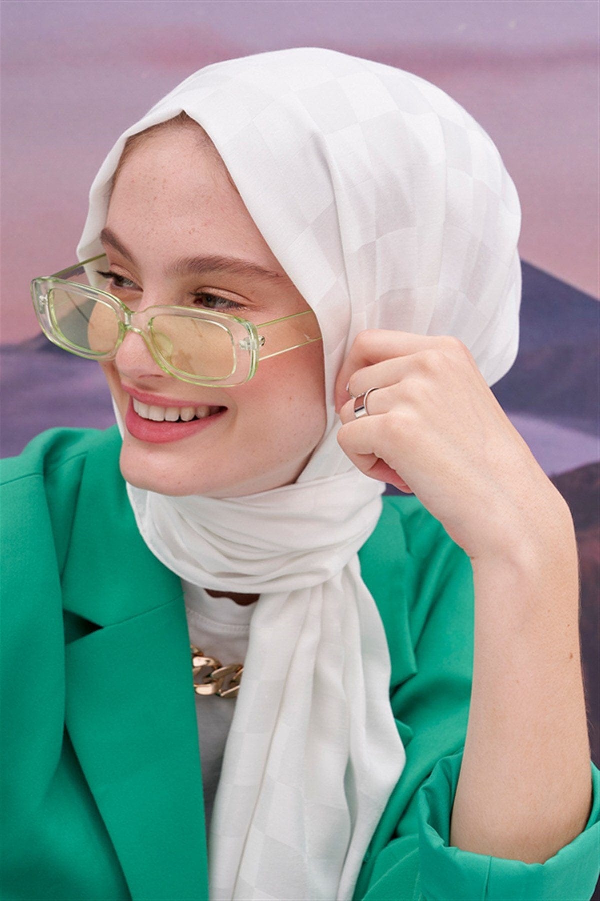 Checkered Jacquard Italian Silk Scarf Ecru