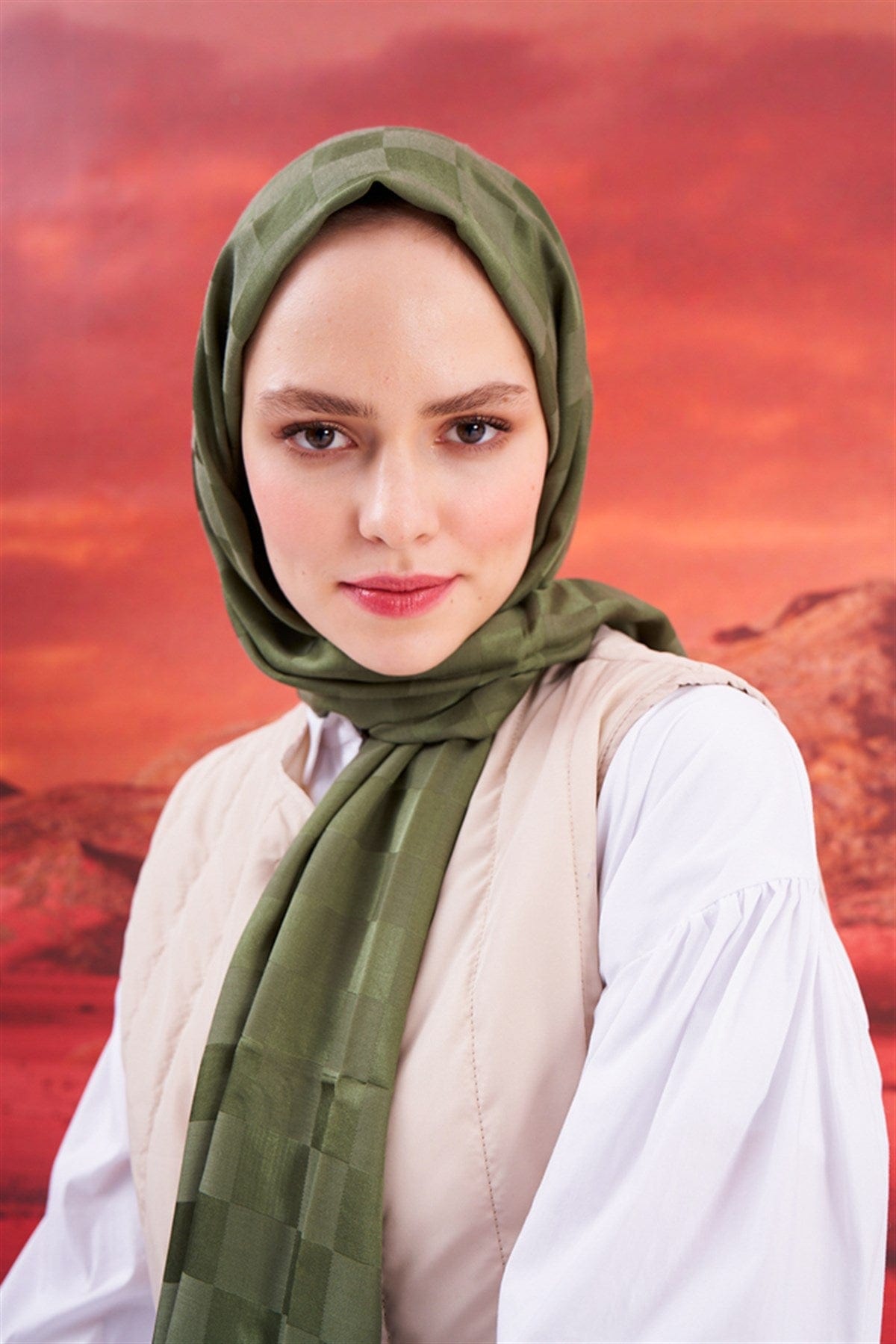 Checkered Jacquard Italian Silk Scarf Evergreen