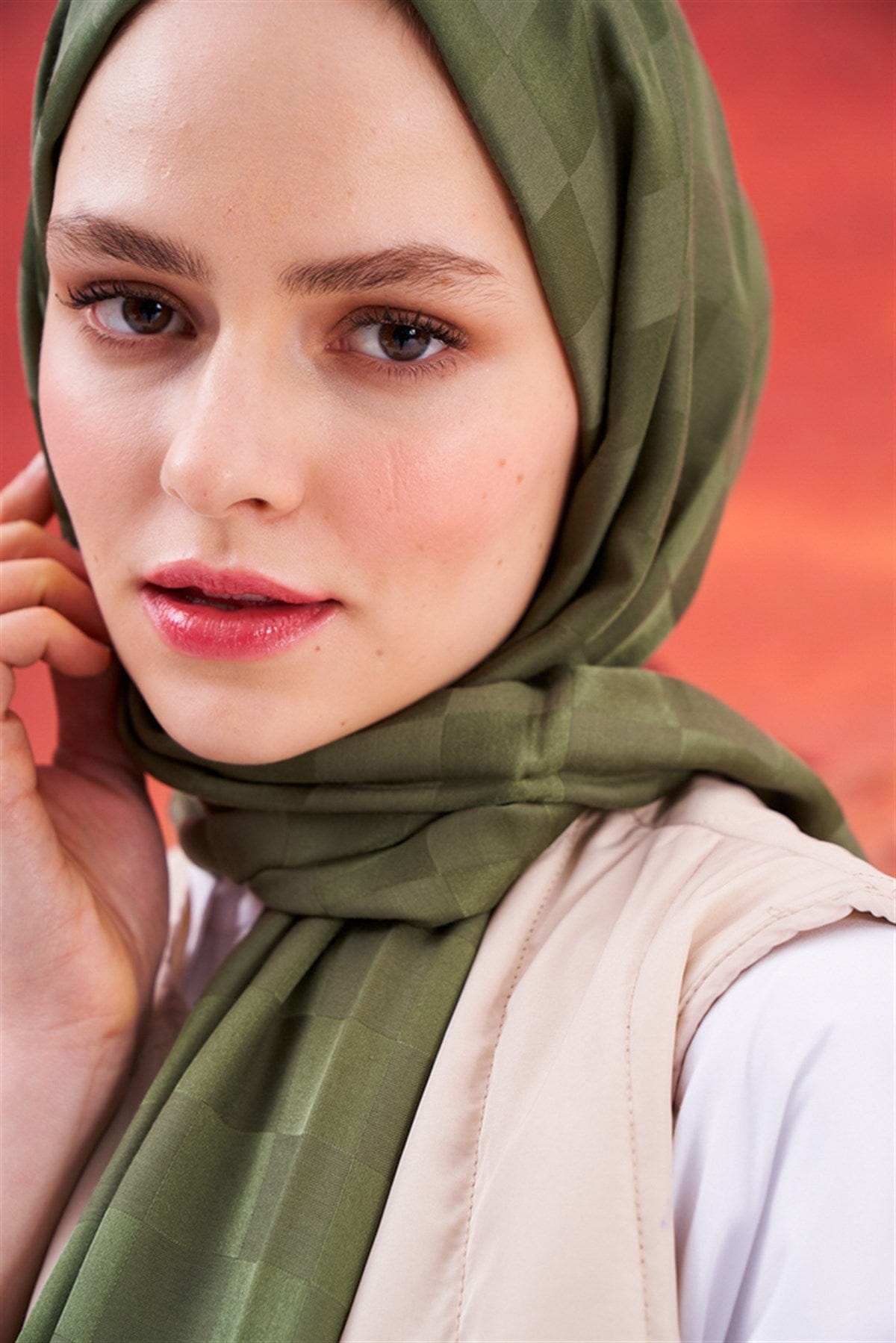 Checkered Jacquard Italian Silk Scarf Evergreen