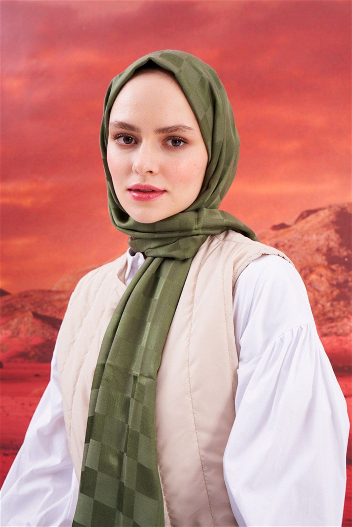 Checkered Jacquard Italian Silk Scarf Evergreen