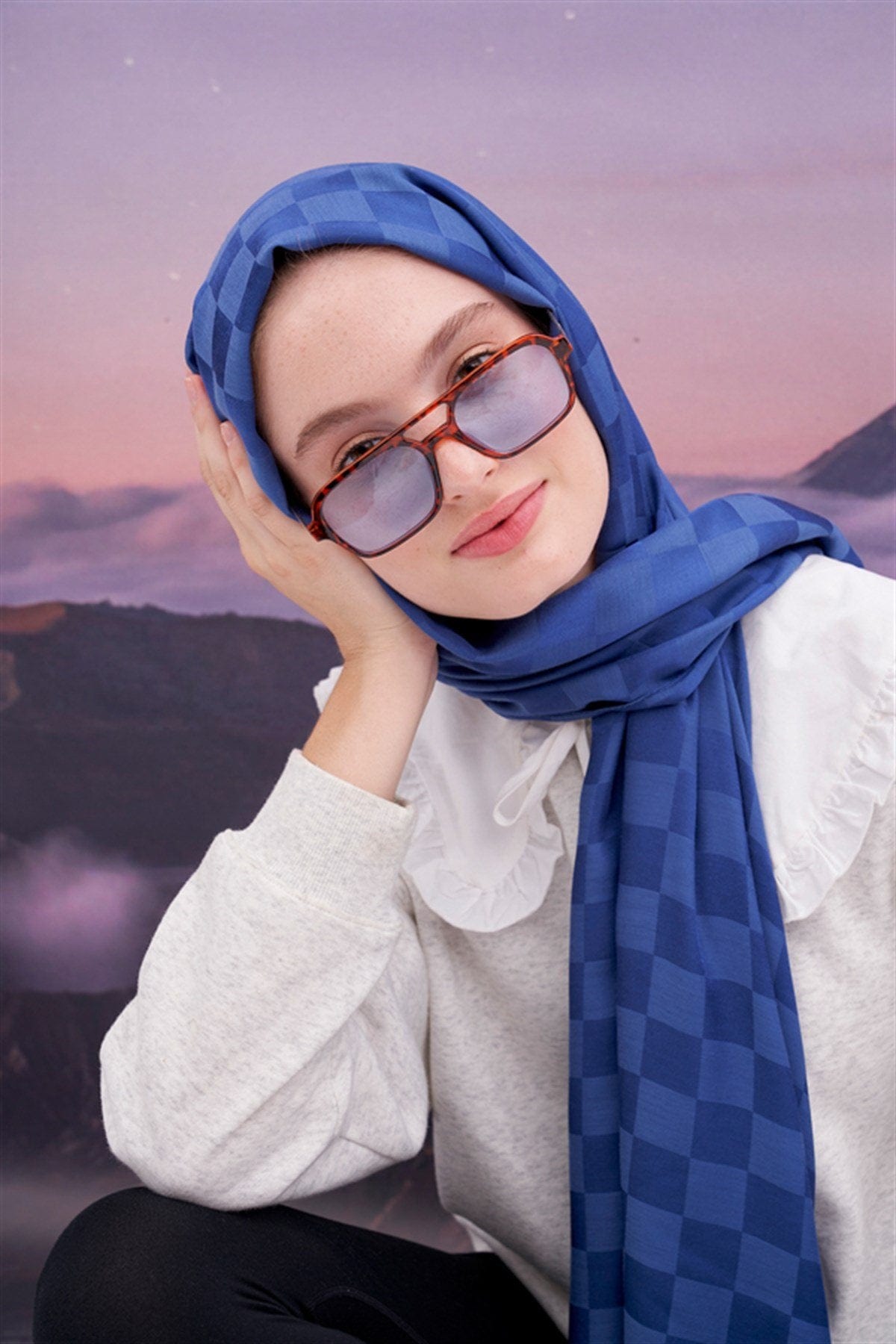 Checkered Jacquard Italian Silk Scarf Indigo