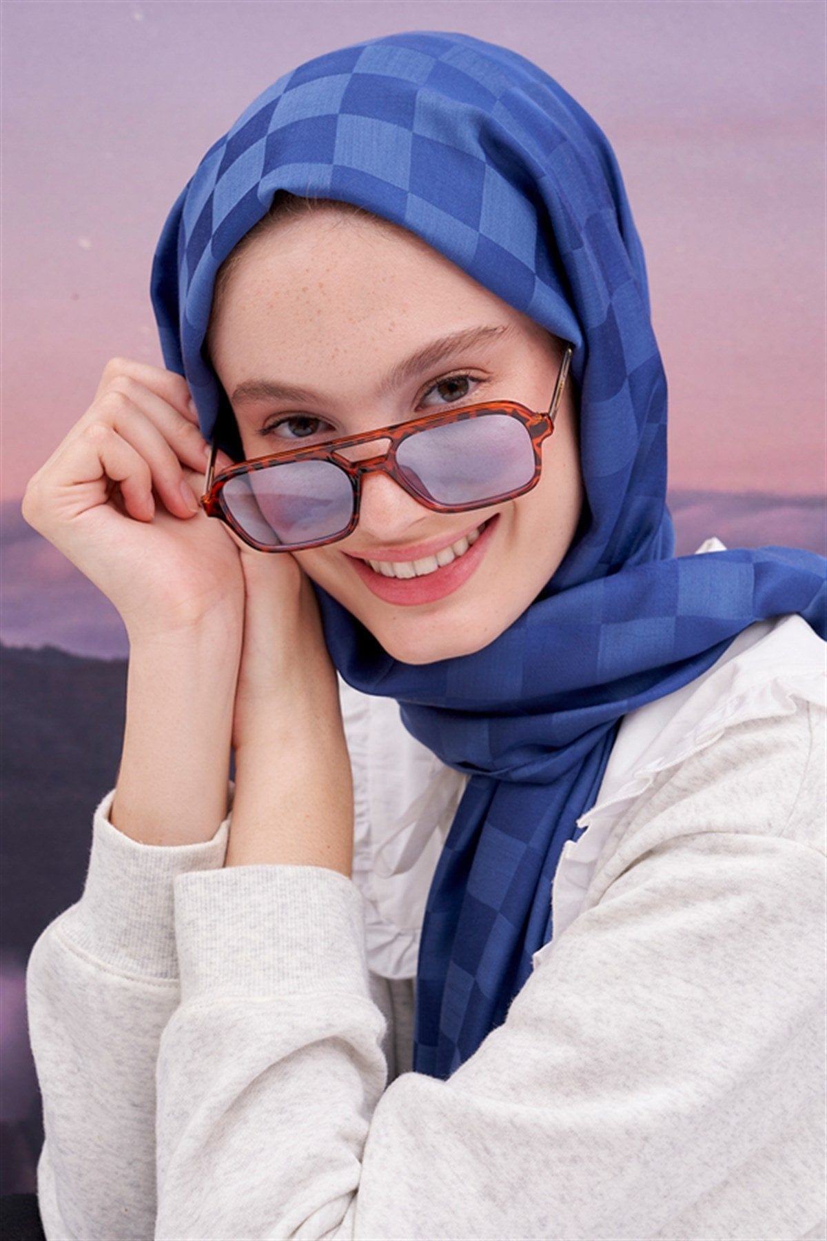 Checkered Jacquard Italian Silk Scarf Indigo