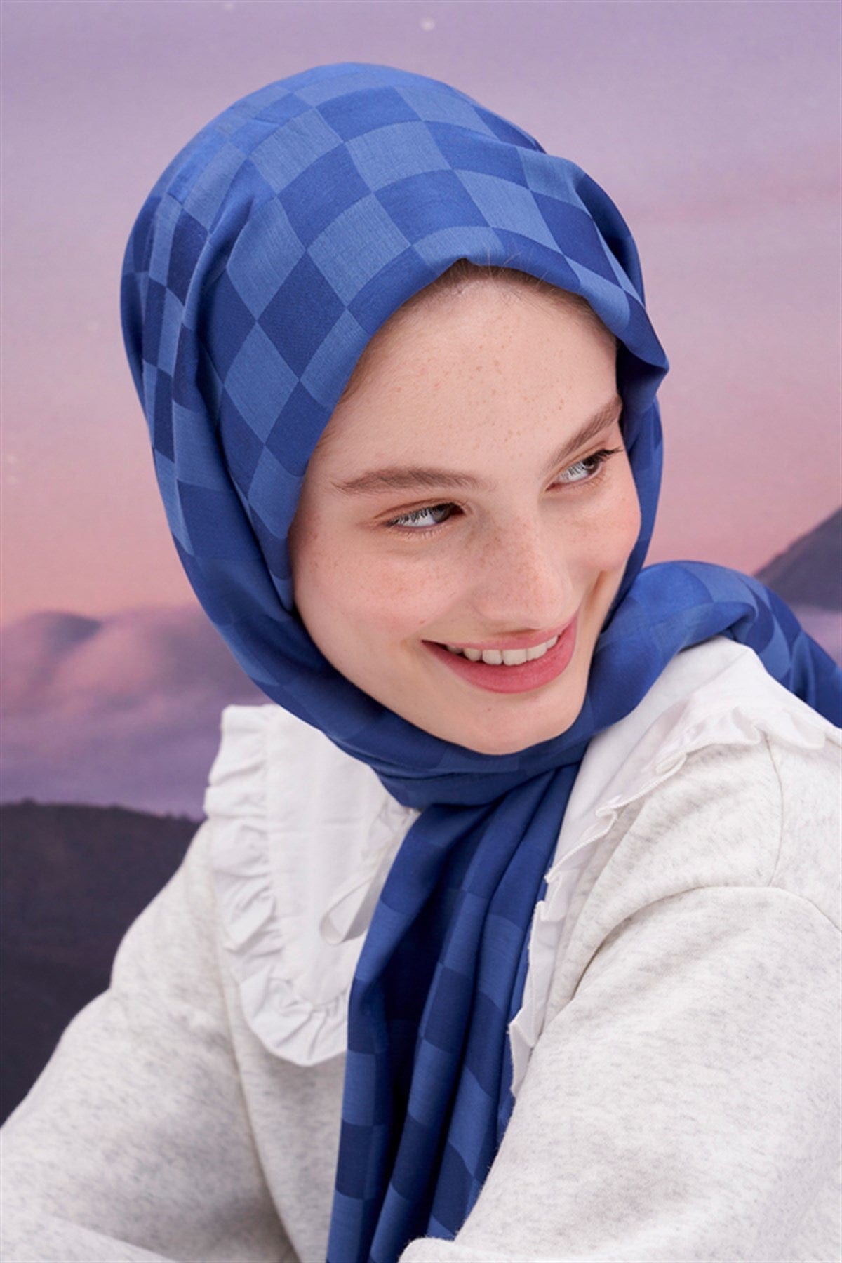 Checkered Jacquard Italian Silk Scarf Indigo
