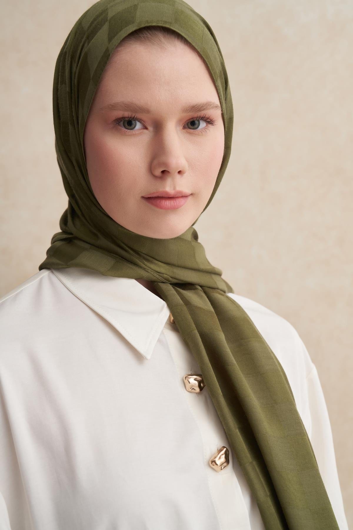 Checkered Jacquard Italian Silk Scarf Olive Green