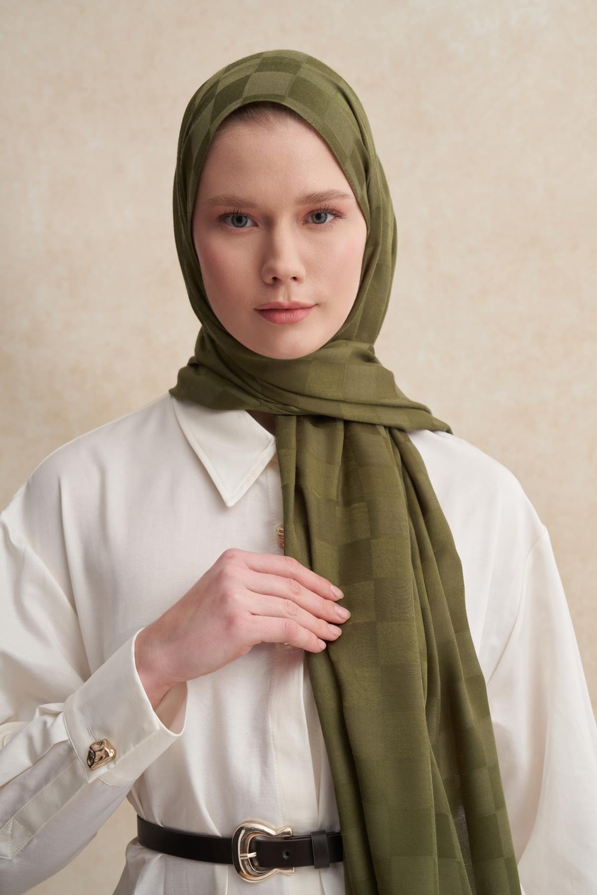 Checkered Jacquard Italian Silk Scarf Olive Green