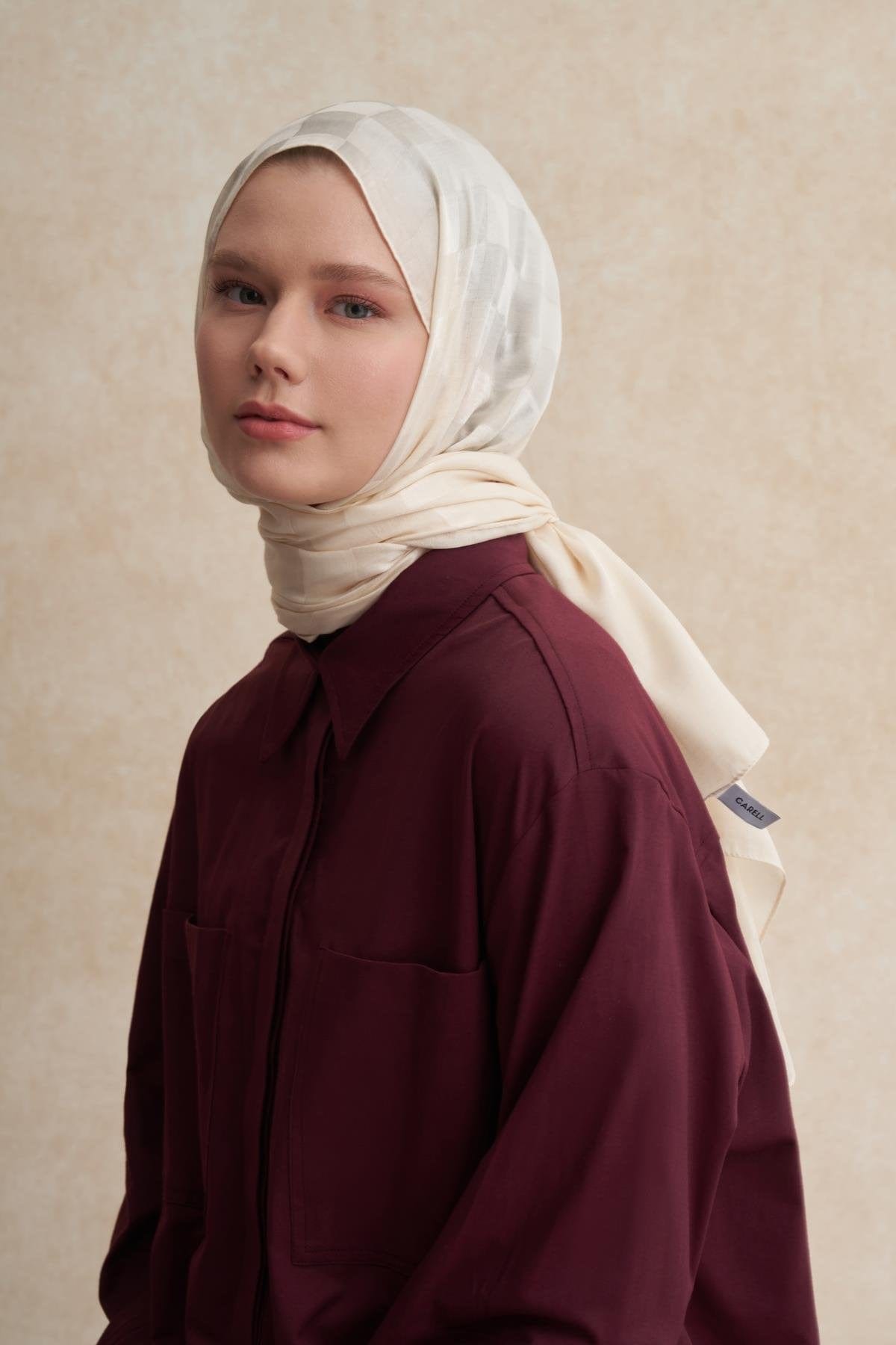 Checkered Jacquard Italian Silk Scarf Pearl
