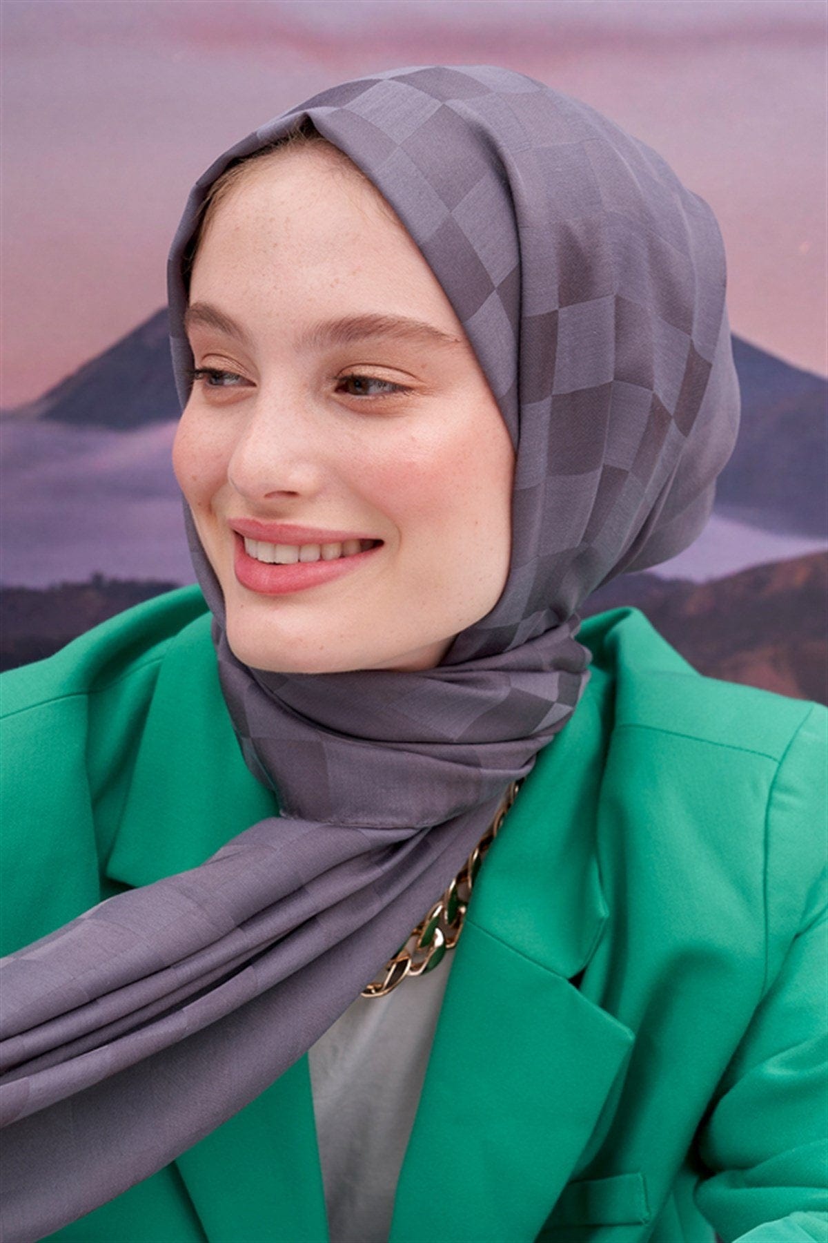 Checkered Jacquard Italian Silk Scarf Smoky