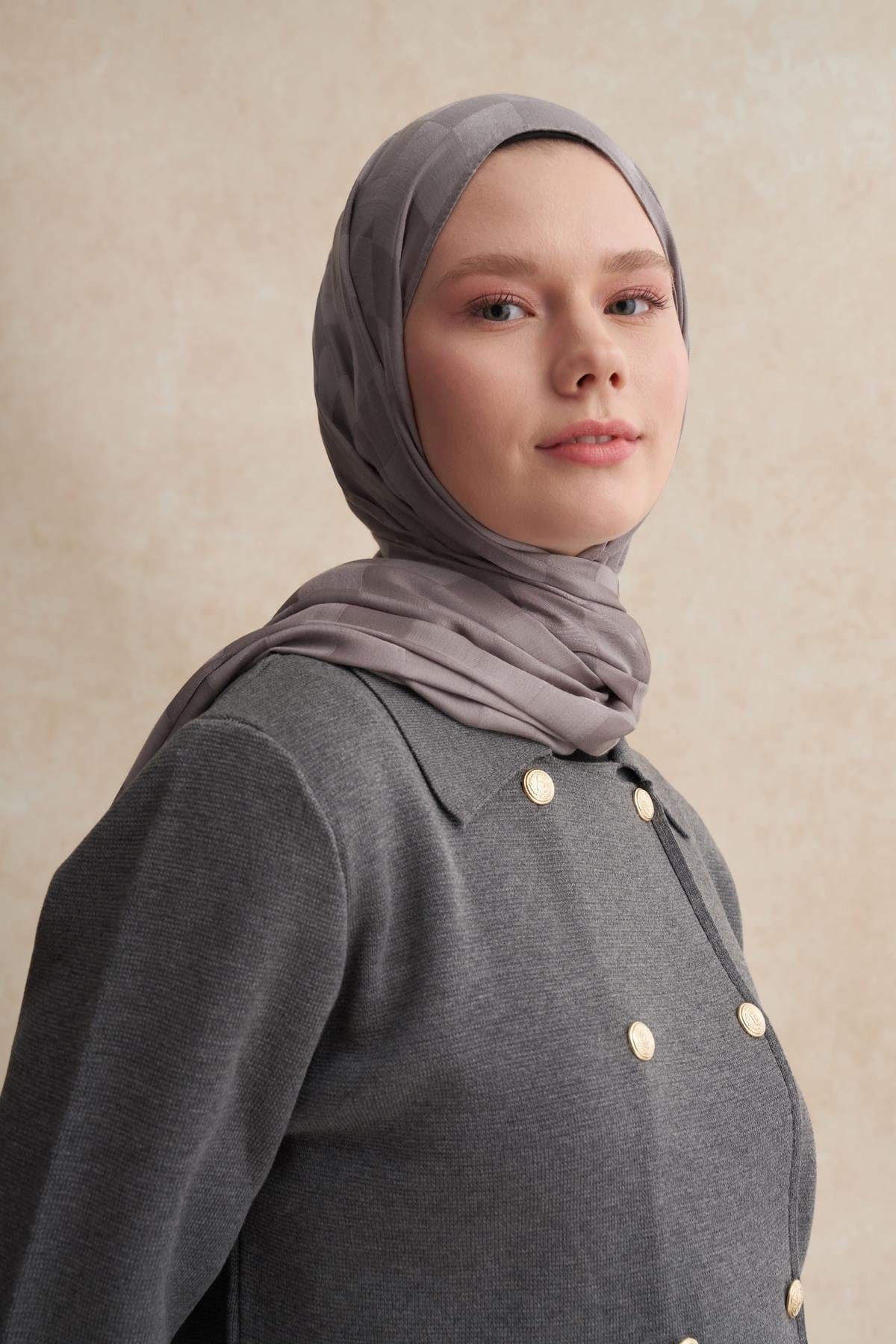 Checkered Jacquard Italian Silk Scarf Smoky Gray