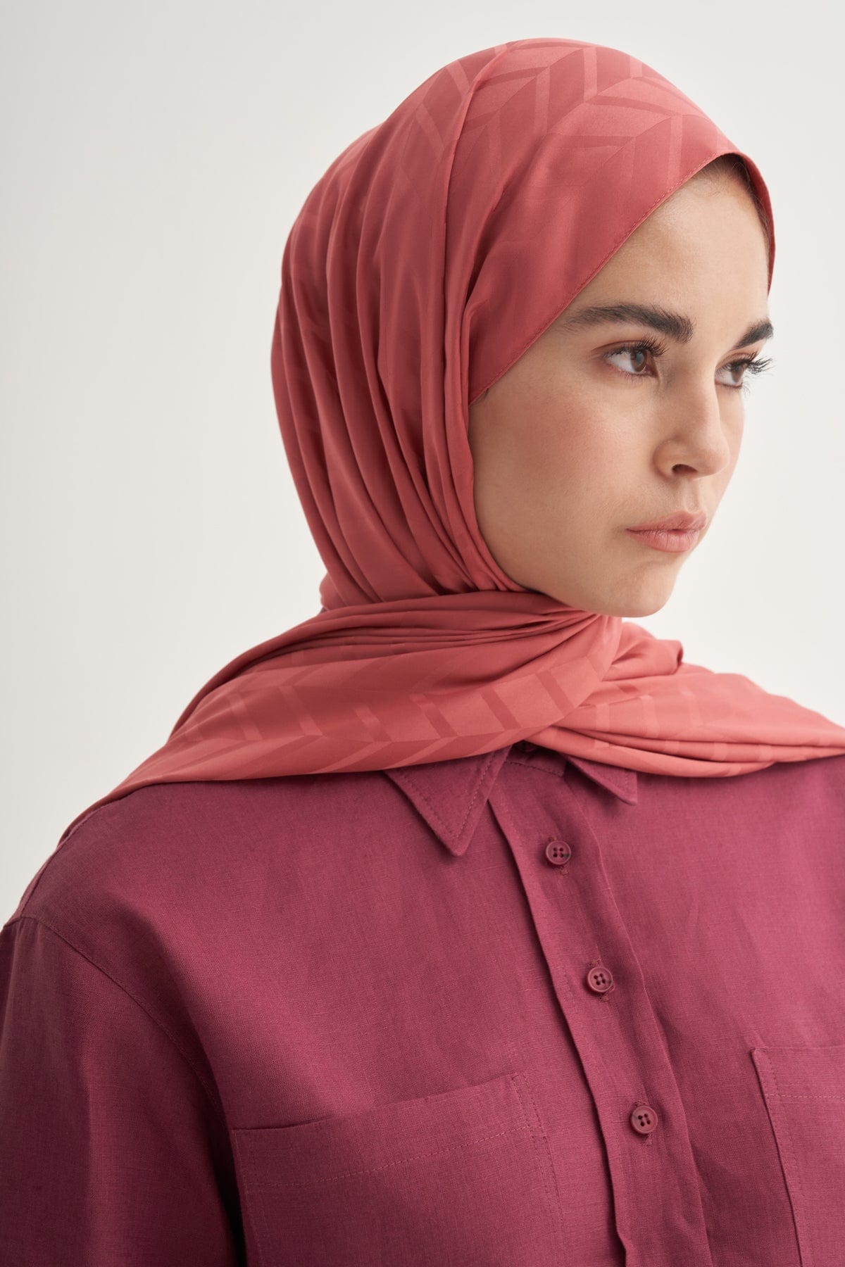 Diamond Pattern Cotton-Silk Scarf with Coral