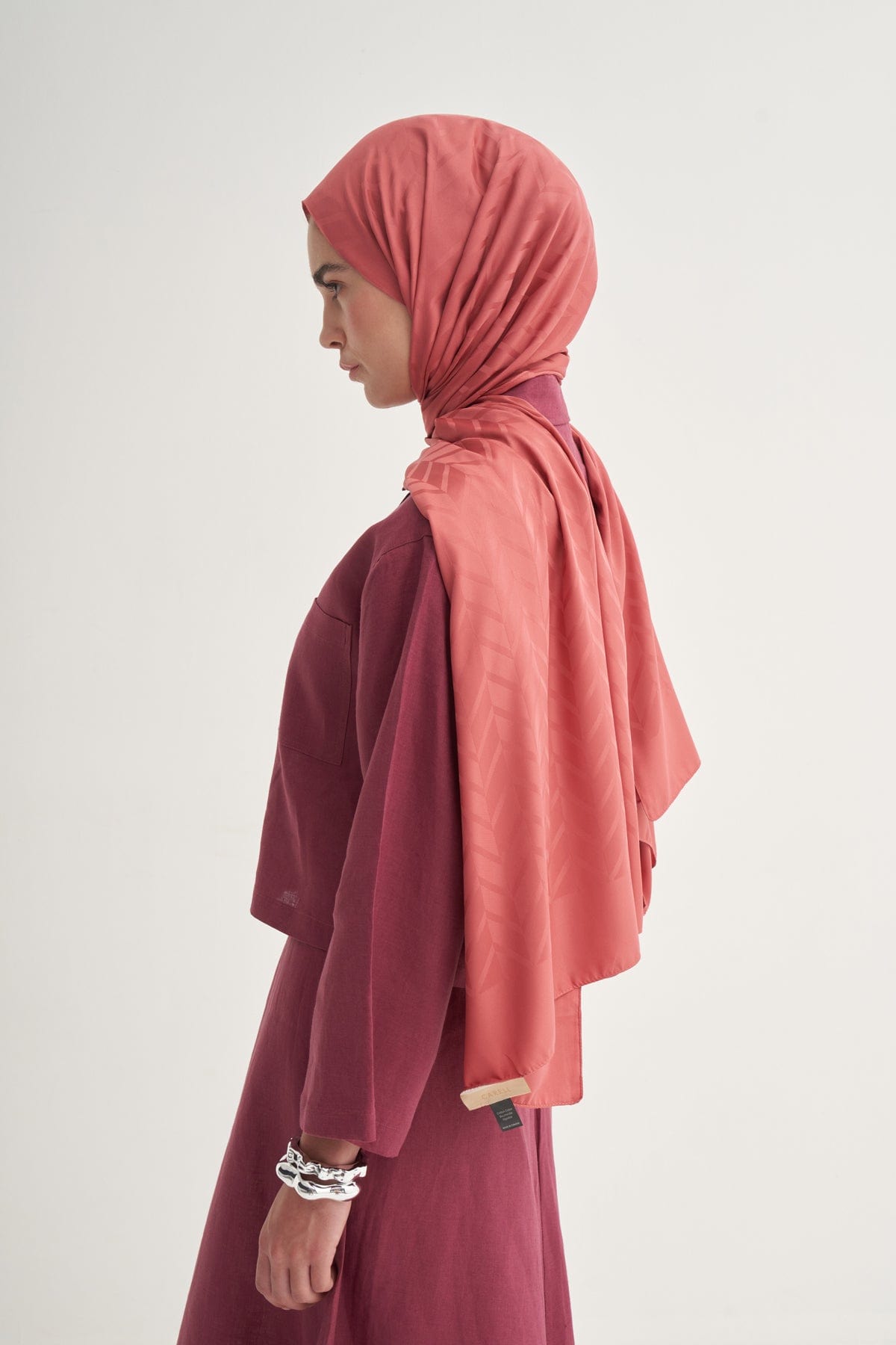 Diamond Pattern Cotton-Silk Scarf with Coral