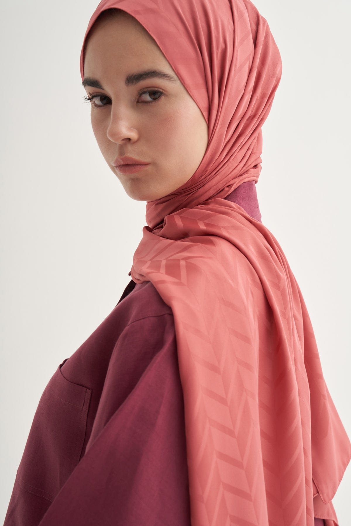 Diamond Pattern Cotton-Silk Scarf with Coral