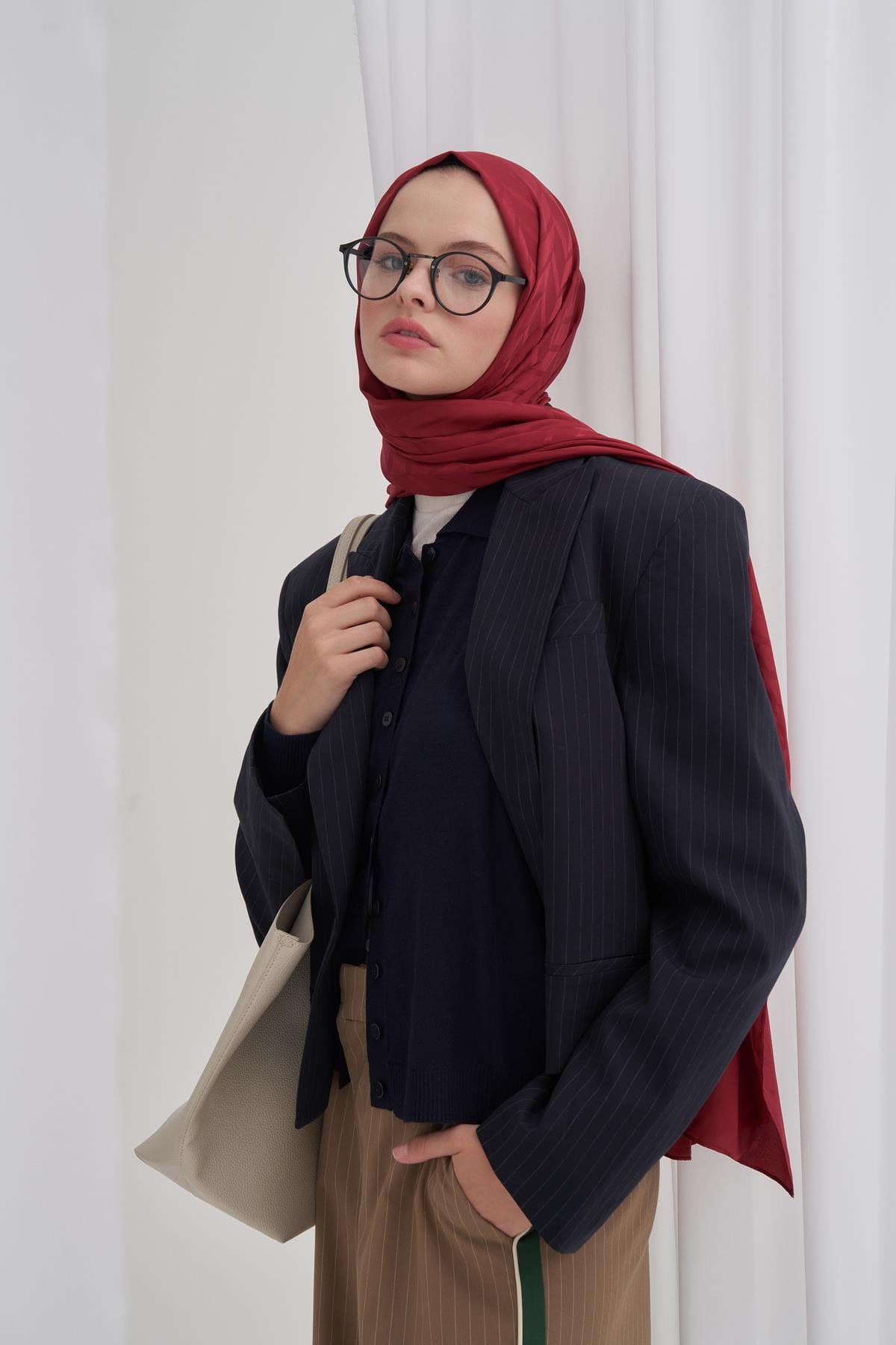 Diamond Pattern Cotton-Silk Scarf with Dark Burgundy
