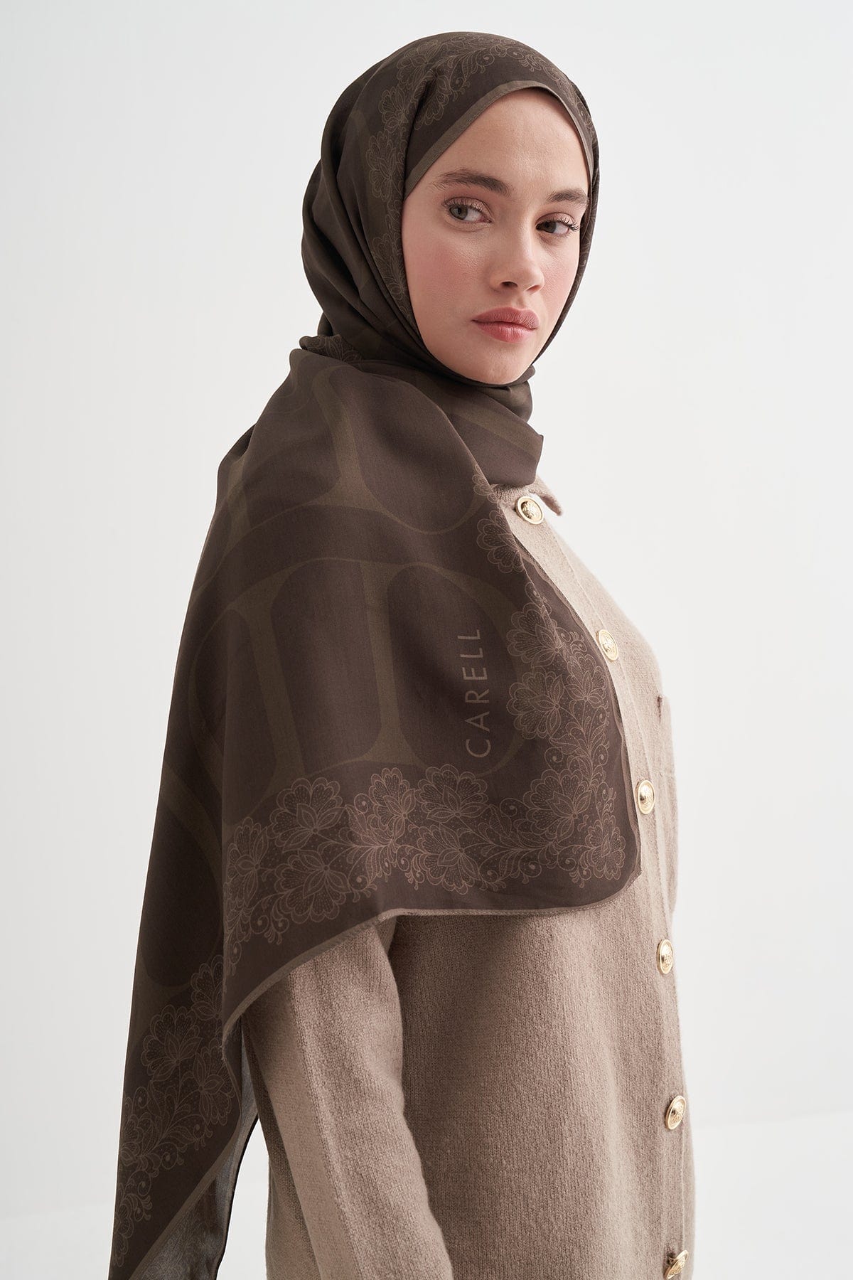 Floral Monogram Viscose Scarf Soft Brown