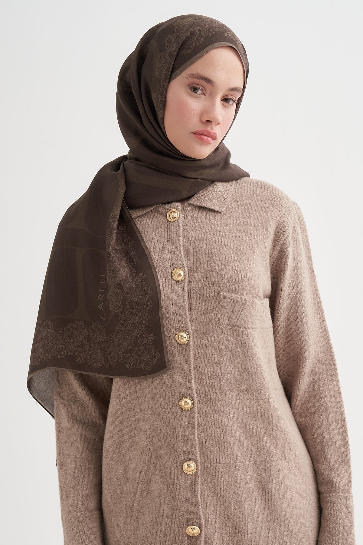 Floral Monogram Viscose Scarf Soft Brown