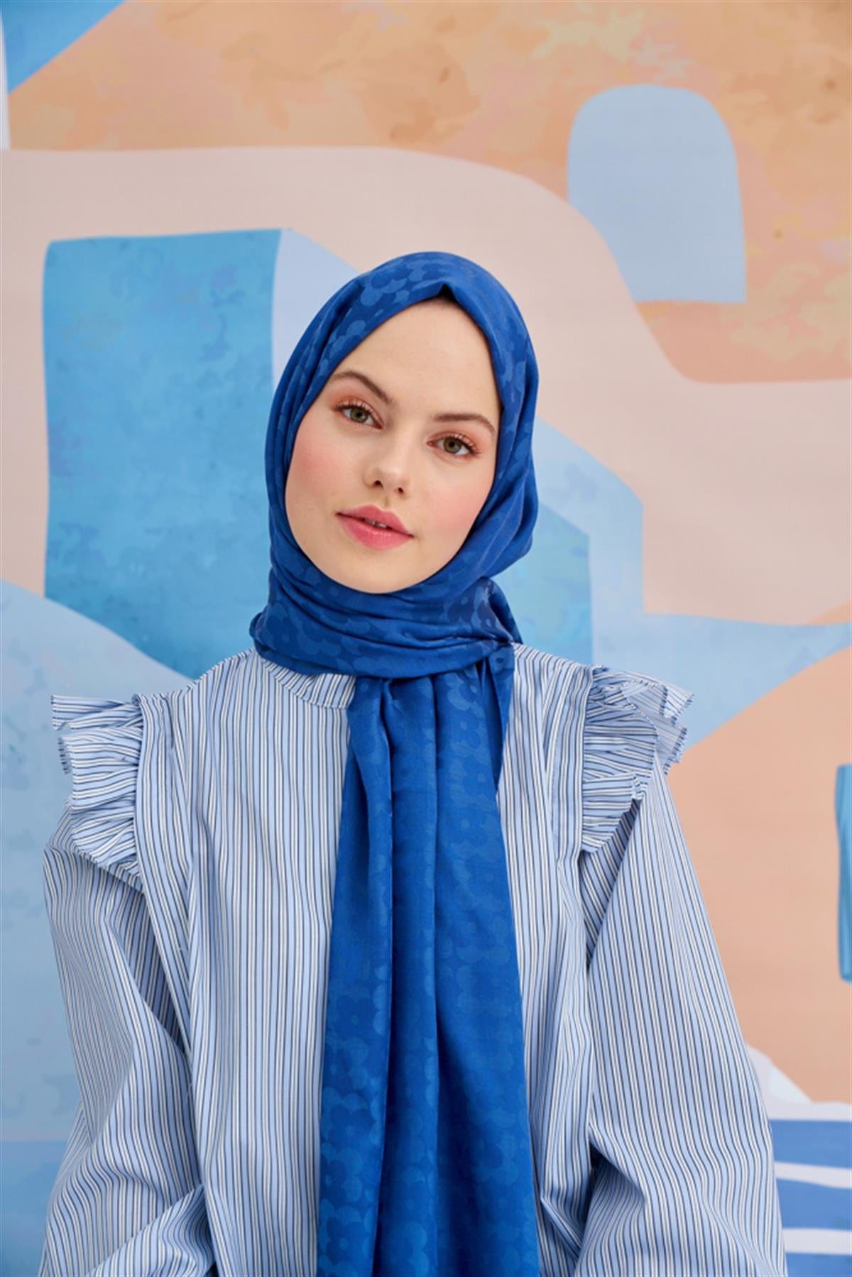 Floral Pattern Jacquard Italian Silk Scarf Indigo