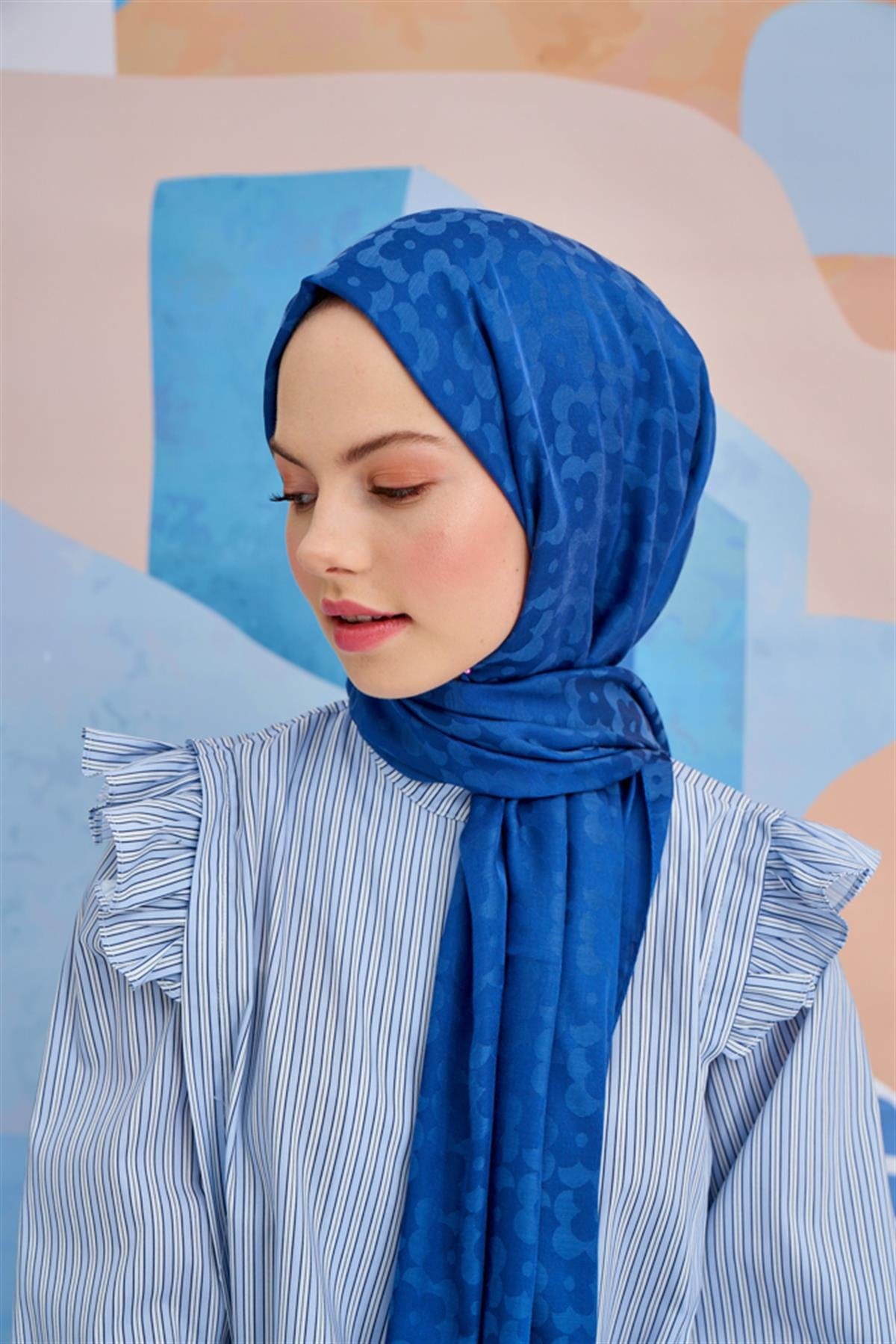 Floral Pattern Jacquard Italian Silk Scarf Indigo