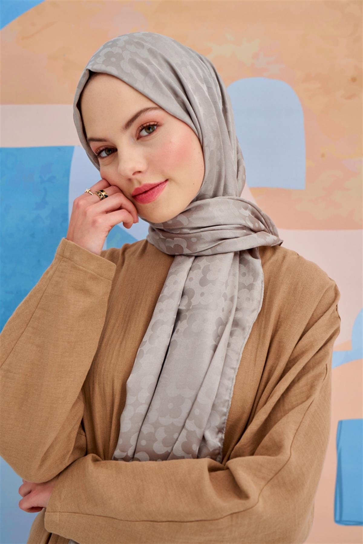 Floral Pattern Jacquard Italian Silk Scarf Smoky