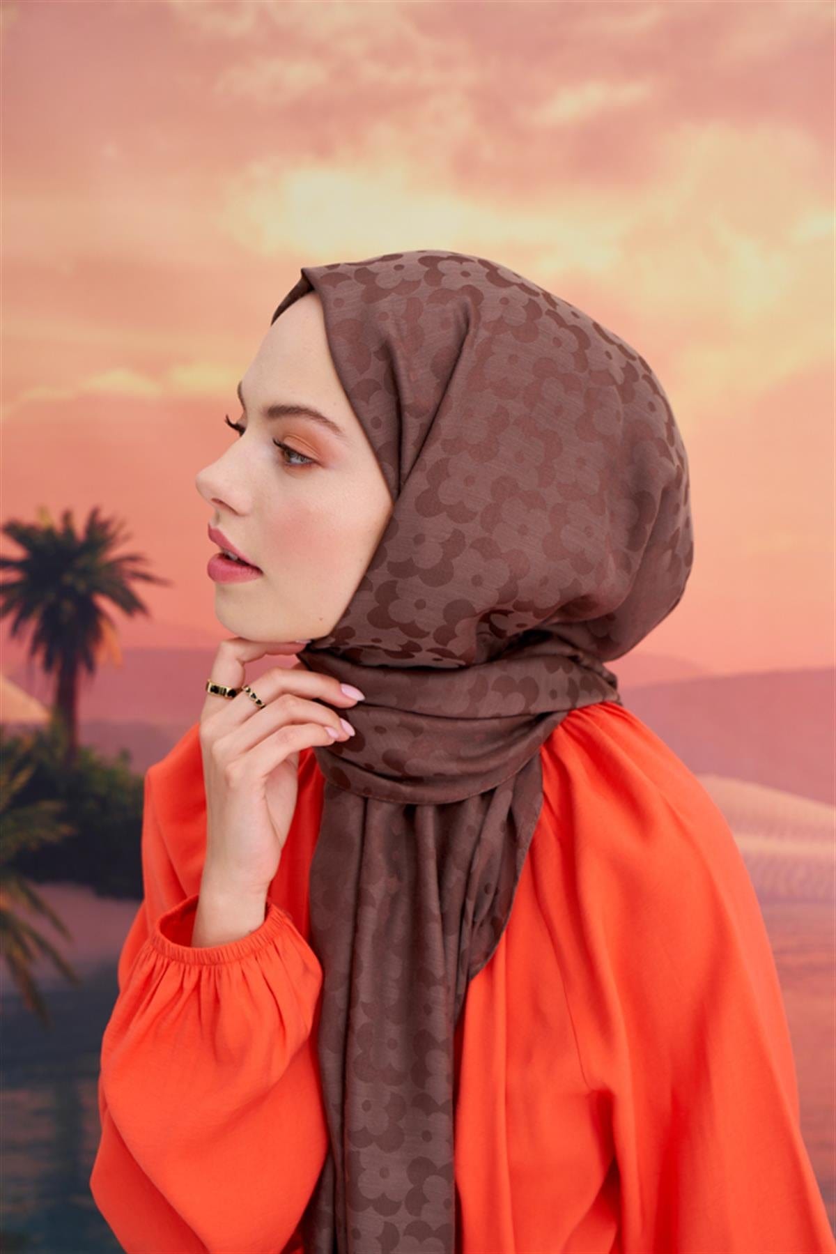 Floral Pattern Jacquard Italian Silk Scarf Soft Brown