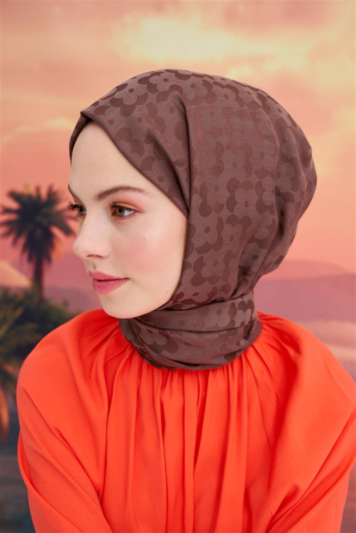 Floral Pattern Jacquard Italian Silk Scarf Soft Brown