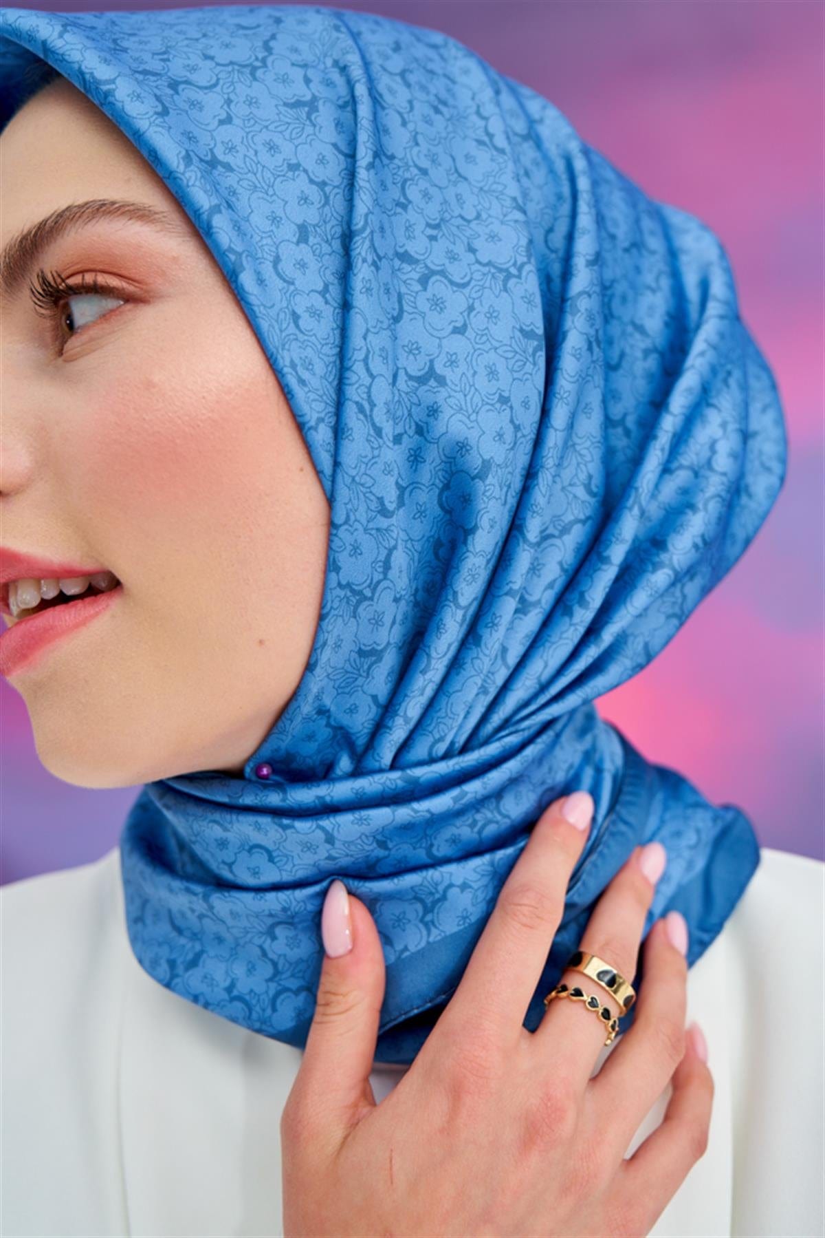 Flower Pattern Twill Square Scarf Blue